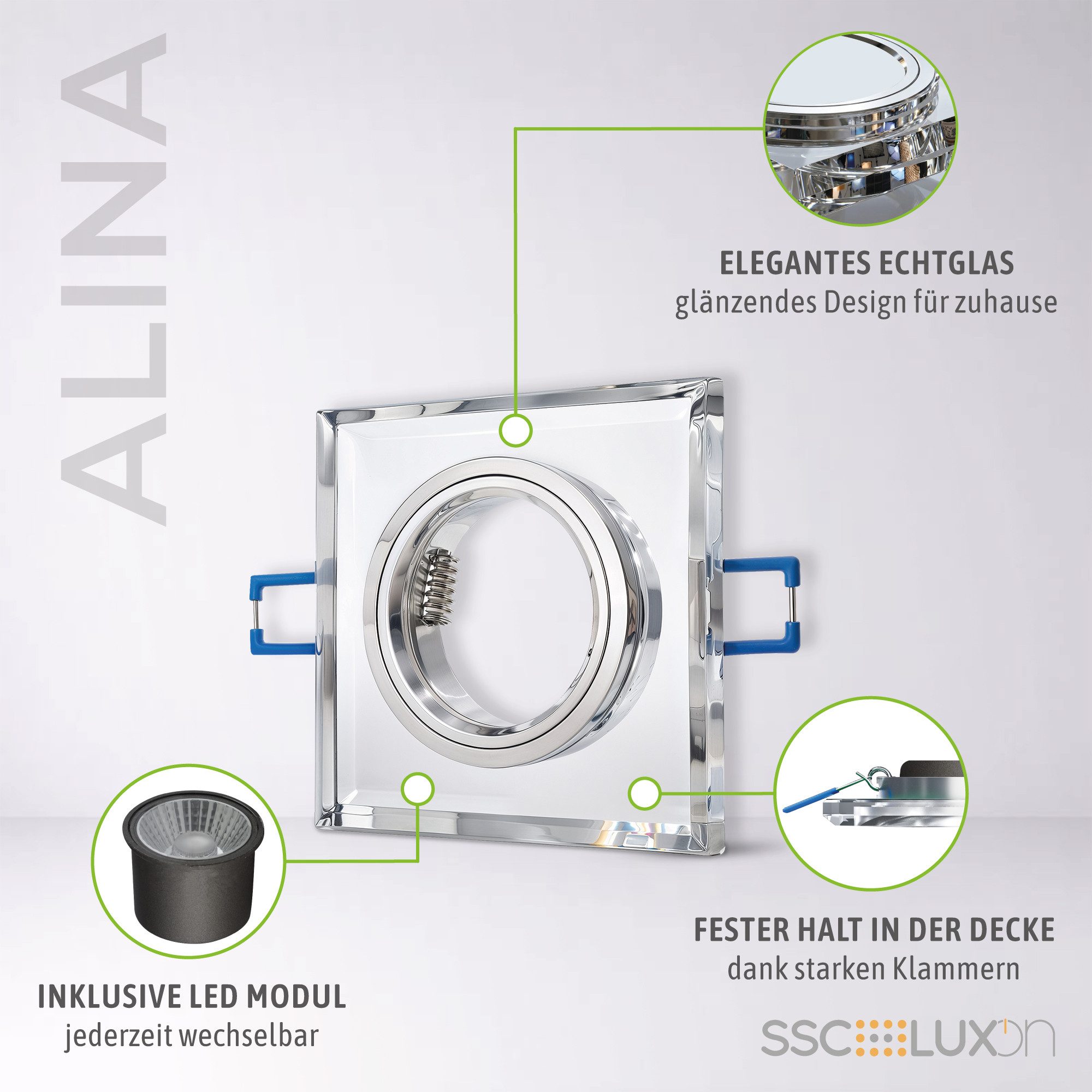 SSC-LUXon LED Einbaustrahler Einbaustrahler ALINA flach dimmbar Glas 6W warmweiß Lampe Spot Leuchte, Warmweiß