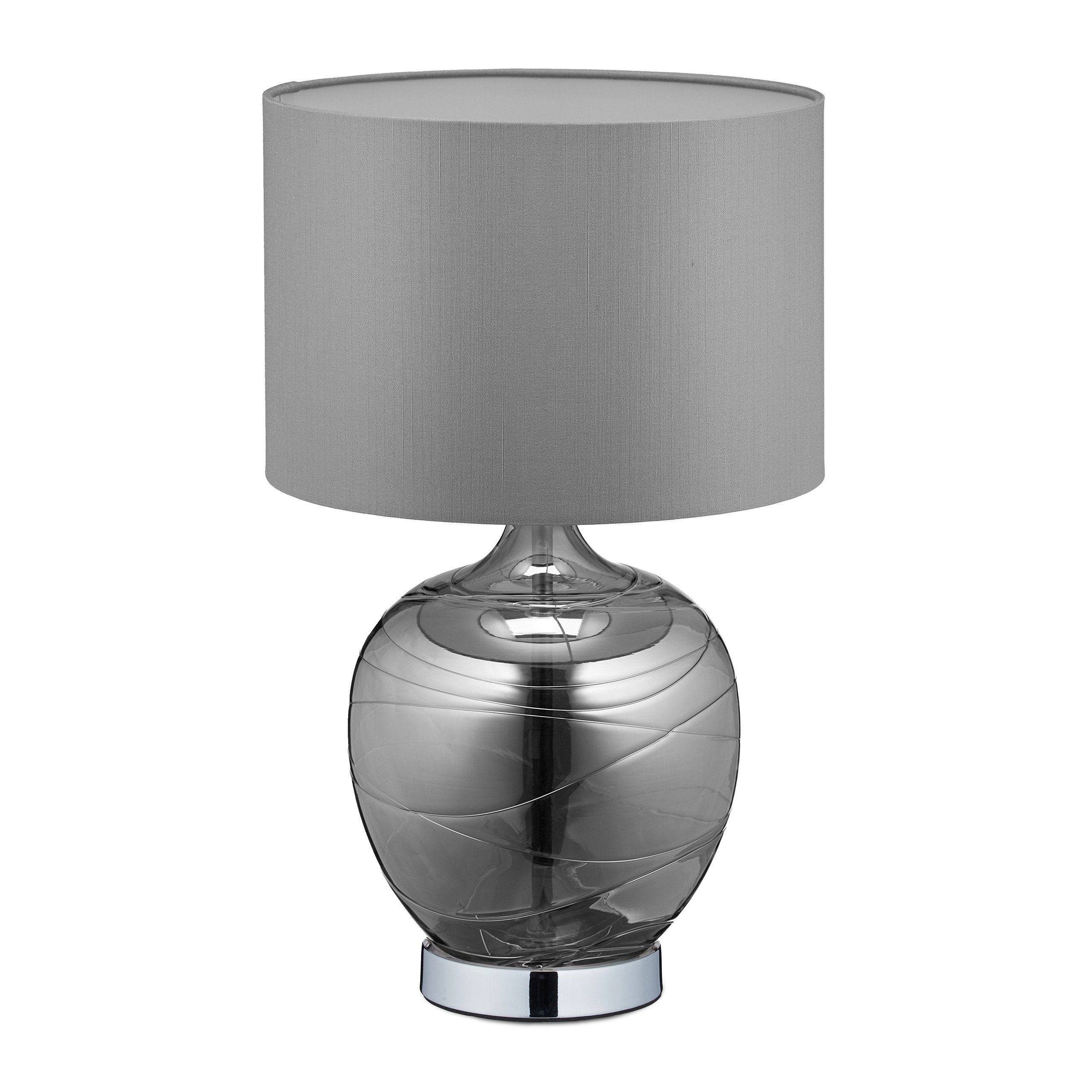 relaxdays Tischleuchte Glas Tischlampe mit Stoffschirm, Schwarz Anthrazit Grau