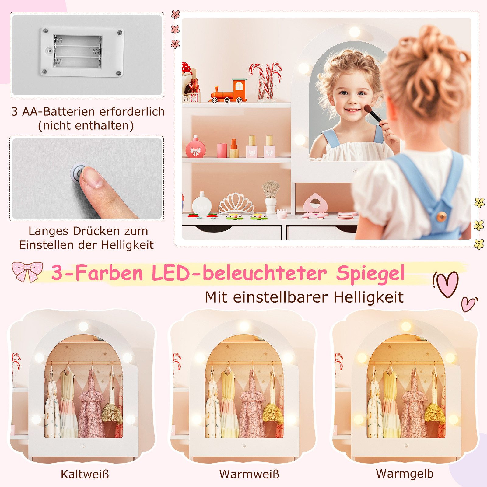 COSTWAY Schminktisch, Kinderschminktisch-Set mit Spiegel mit 3-Farbbeleuchtung