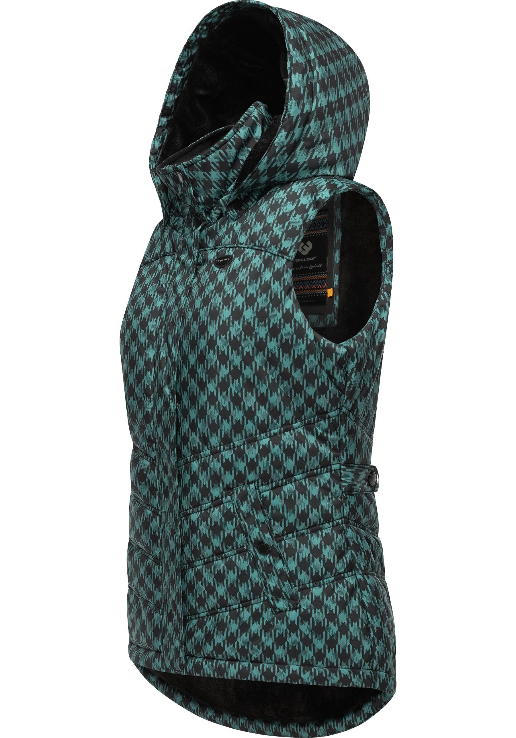 Ragwear Steppweste Hesty Print Weste mit abnehmbarer Kapuze und Hahnentritt Muster