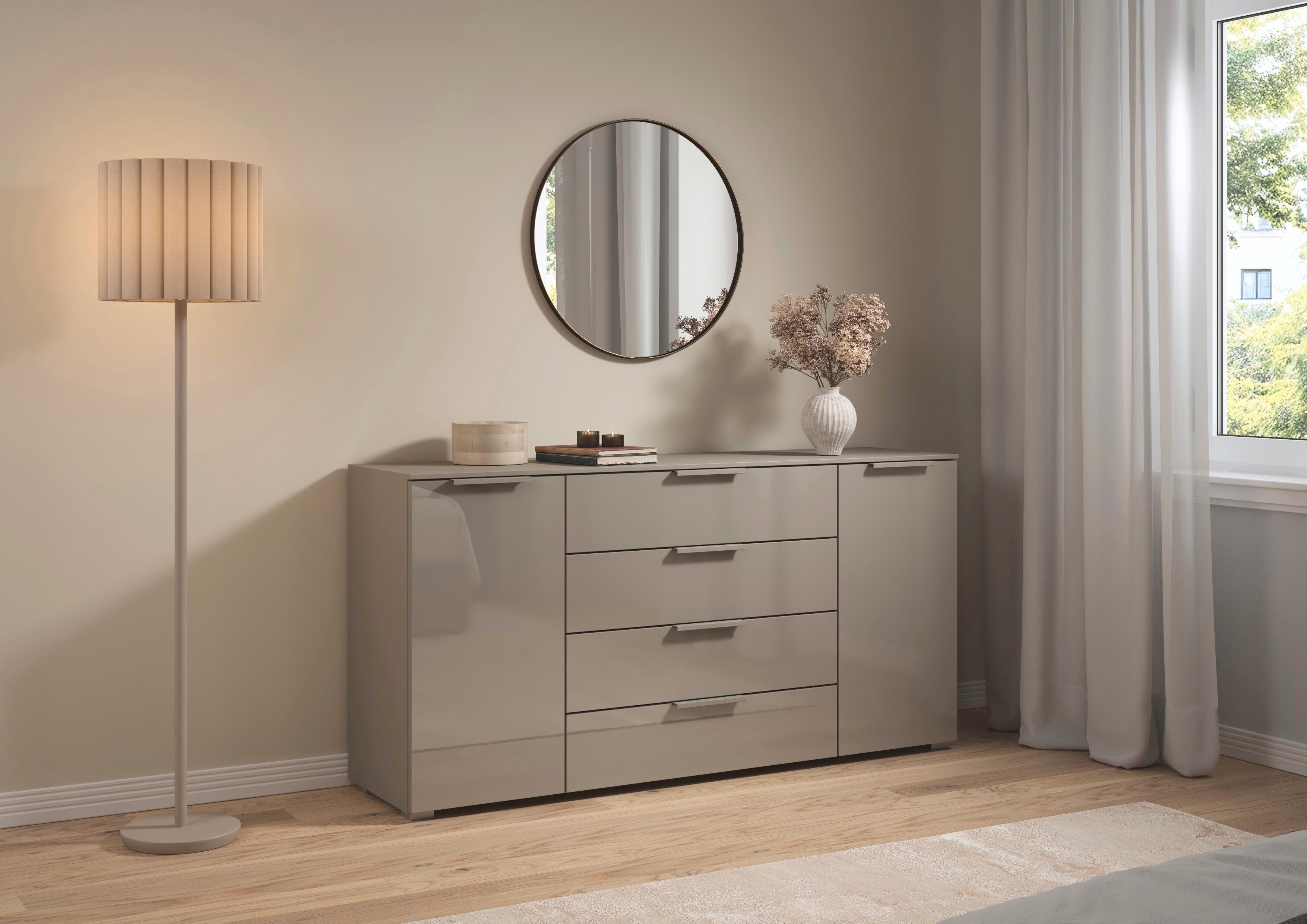 rauch Kombikommode Sideboard Schubkommode Kommode MONTCLAR Front Dekor/Hochglanz/Glas (Breite 160 / Höhe 81 cm, 2 Einlegeböden, inkl. Soft-Close-Funktion), 2-türig, 4 geräumige Schubladen, viele Griffvarianten MADE IN GERMANY