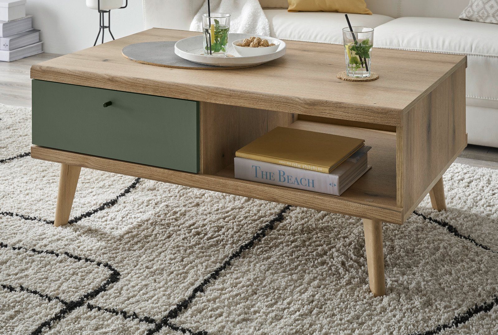 Furn.Design Couchtisch Juna (Wohnzimmertisch in Evoke Eiche mit Salbeigrün, 107 x 67 cm), mit 2 Schubladen