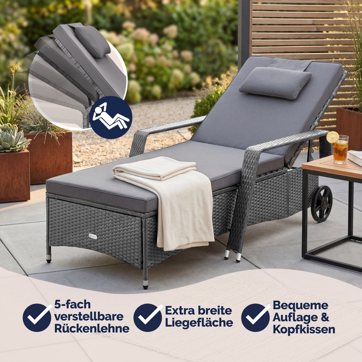 Casaria Gartenliege, 165kg Belastbar 7cm Auflage mit Rollen Sonnenliege 5fach verstellbar