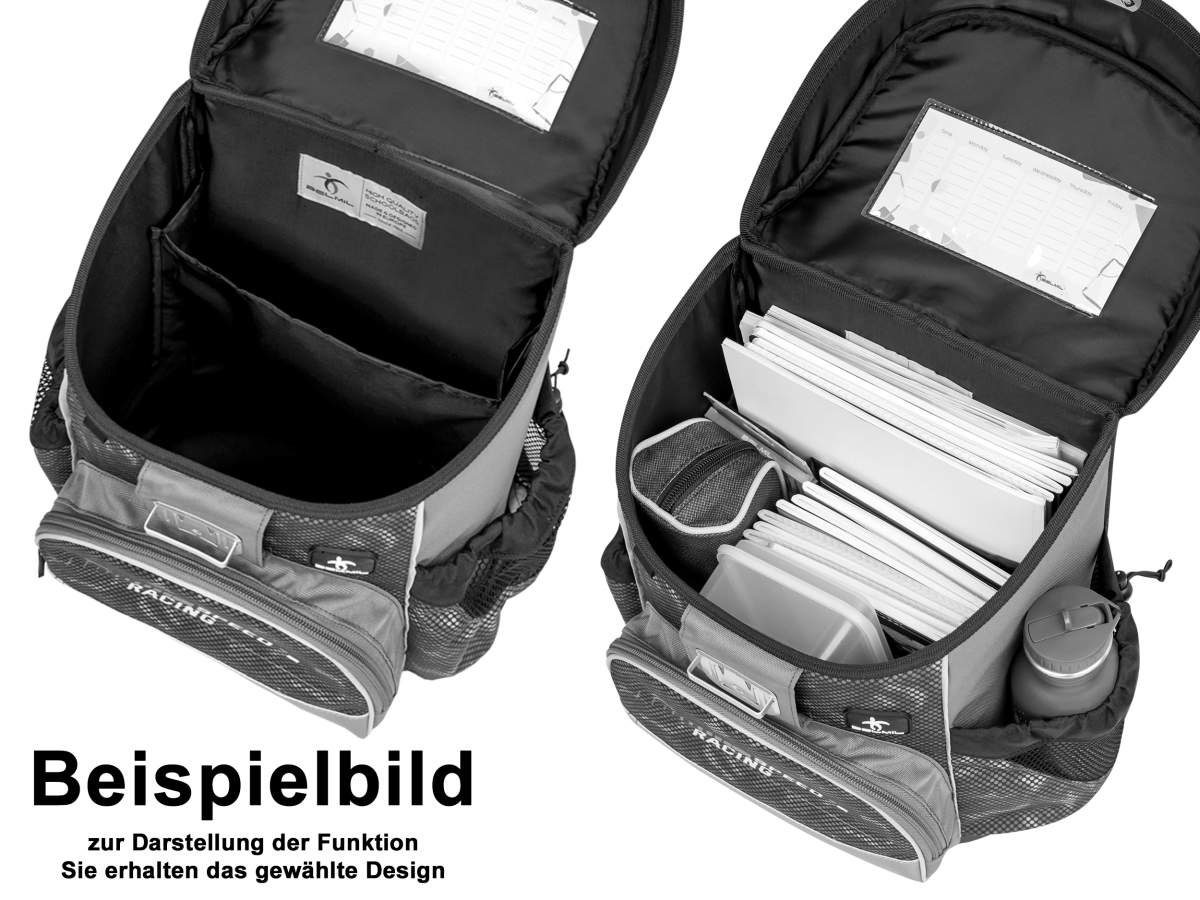 Belmil Schulranzen "Mini-Fit" 2025 für kleine Kinder 1. Klasse (Set, 4-tlg), Rennauto Rennwagen, Grundschule, Einschulung, für Jungen
