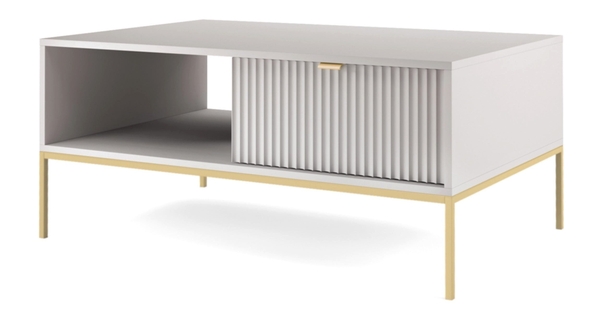 Selsey Couchtisch VELLORE, mit geriffelter Front, Schublade & offenes Fach, Gold-Metallgestell