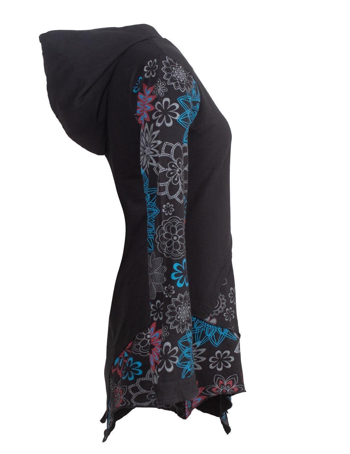 Vishes Jerseykleid Asymmetrisches Langarm Blumen-Kleid mit Kapuze Hippie, Goa, Ethno, Elfen Style