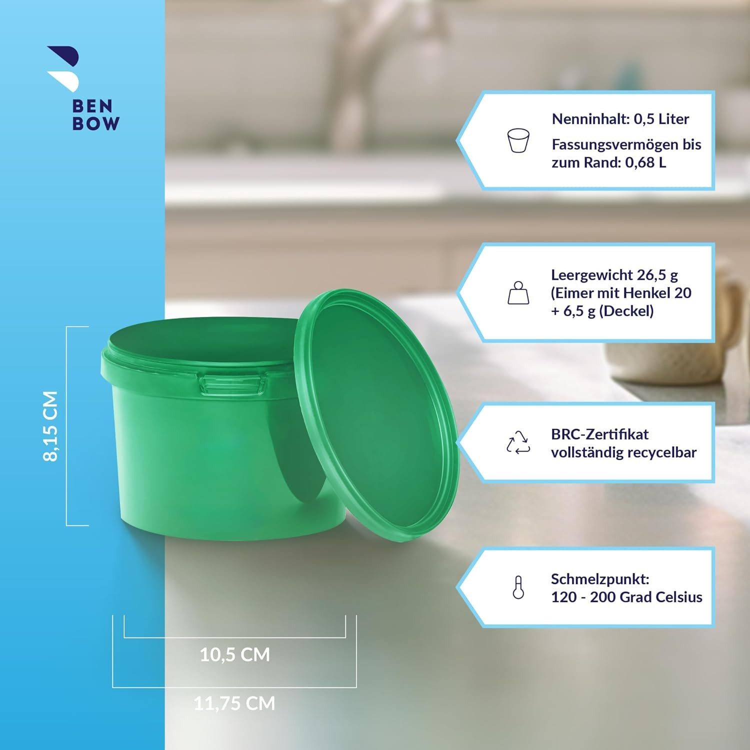 BENBOW Putzeimer Eimer mit Deckel 30 20 10 5 3 1 0,5 L Viele Farben Lebensmittelecht, (1-tlg., PZH-, BRC- und DIN-ISO-zertifiziert), für Lebensmittel, Farben, Chemikalien