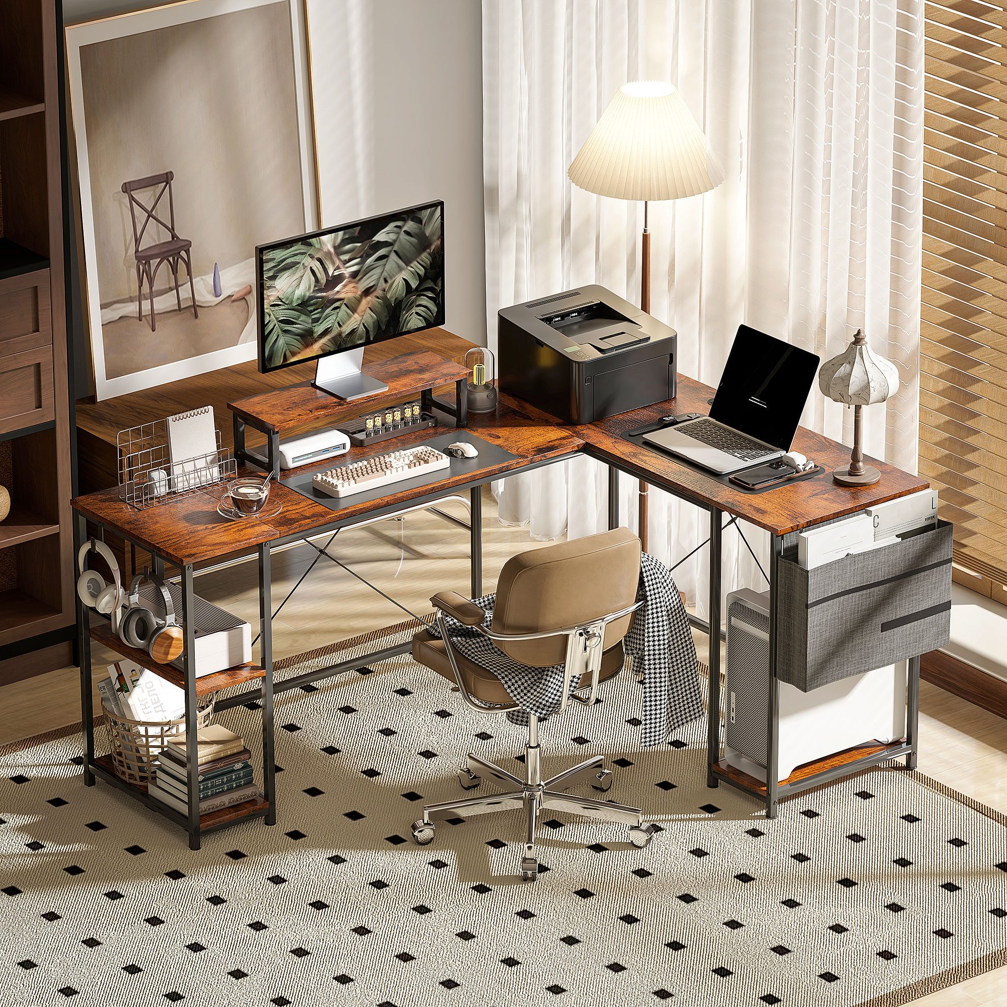 HOMCOM Schreibtisch Schreibtisch L Form mit Regal, Eckschreibtisch mit 2 Haken (Umkehrbar Computertisch mit Monitorständer, 1-St., GamingTisch), für Büro, Heimbüro, Rustikal-Braun