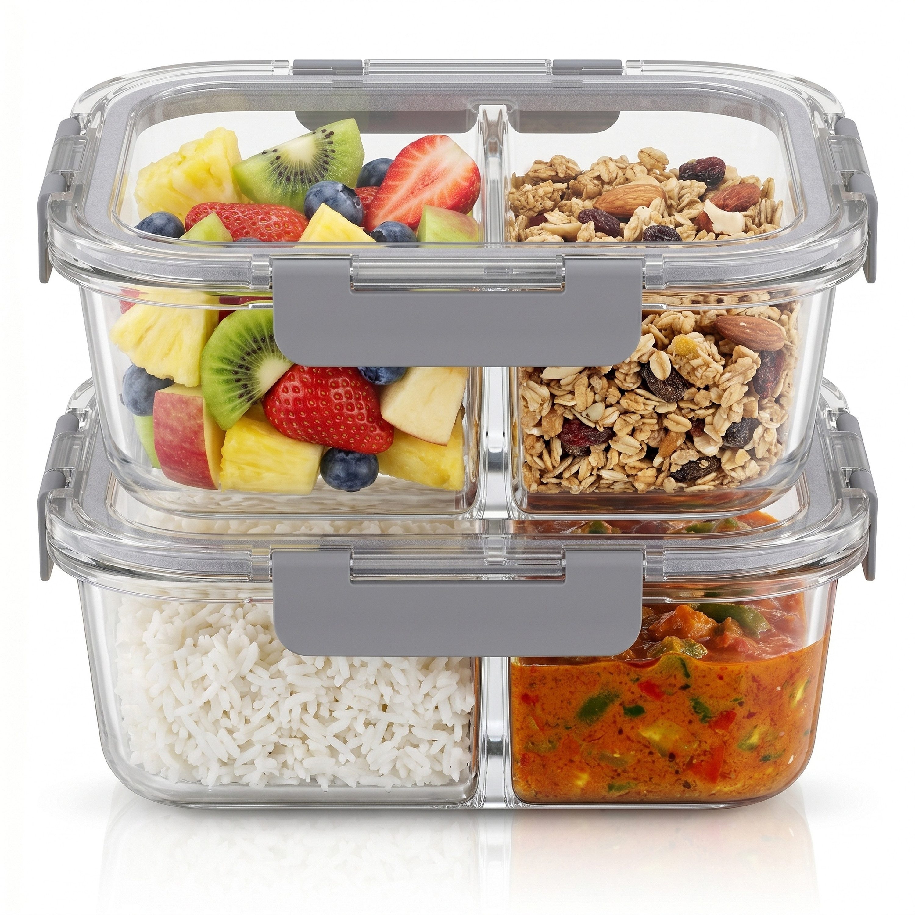 Arendo Frischhaltedose 2er Set Glas Vorratsdosen, 2 Fächer, Lunchboxen, auslaufsicher, Deckel, Borosilikatglas, (Set, 2-tlg., mit 2 Fächern), Mikrowellen, Ofen, Gefrier & spülmaschinengeeignet, Bento, Meal Prep