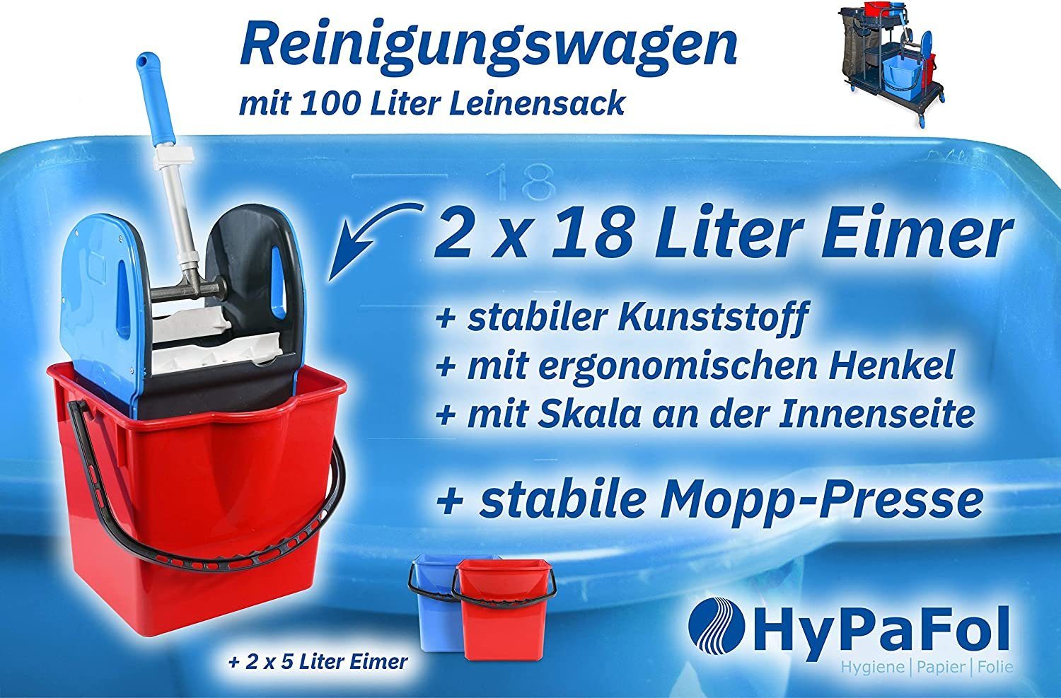 Hypafol Putzwagen HY-2006, (SET, Leinensack, Möppe,Kehrgarnitur) Eimer, Halterung f.Besen, Mopp-Presse
