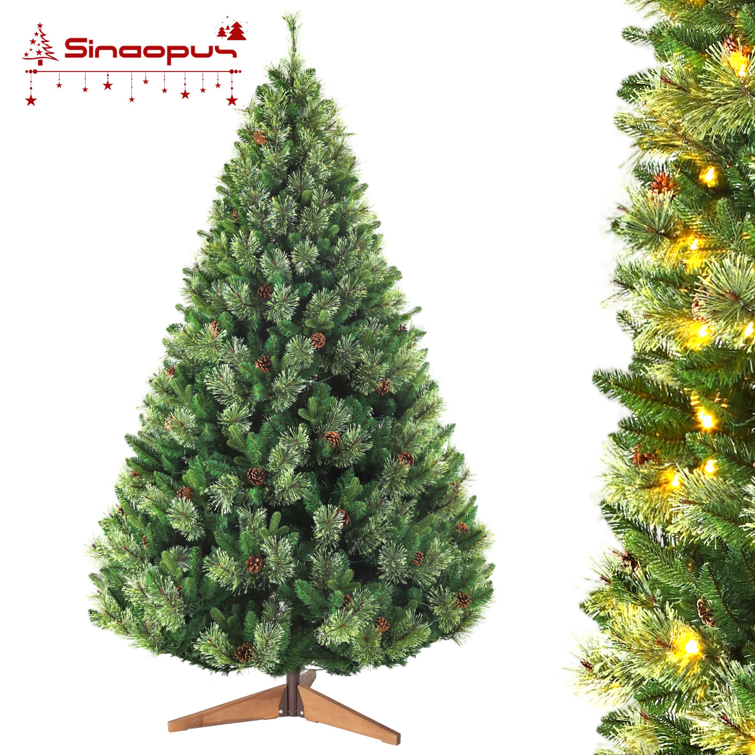 Sinaopus Künstlicher Weihnachtsbaum 180cm, Künstlicher Tannenbaum mit Tannenzapfen, PVC+PE, Holzständer, Weihnachtsbaum mit Beleuchtung, Christbaum für Weihnachten-Dekoration, 250 warmgelben LEDs & 1150 Spitzen, einfach Aufbau, Wiederverwendbar
