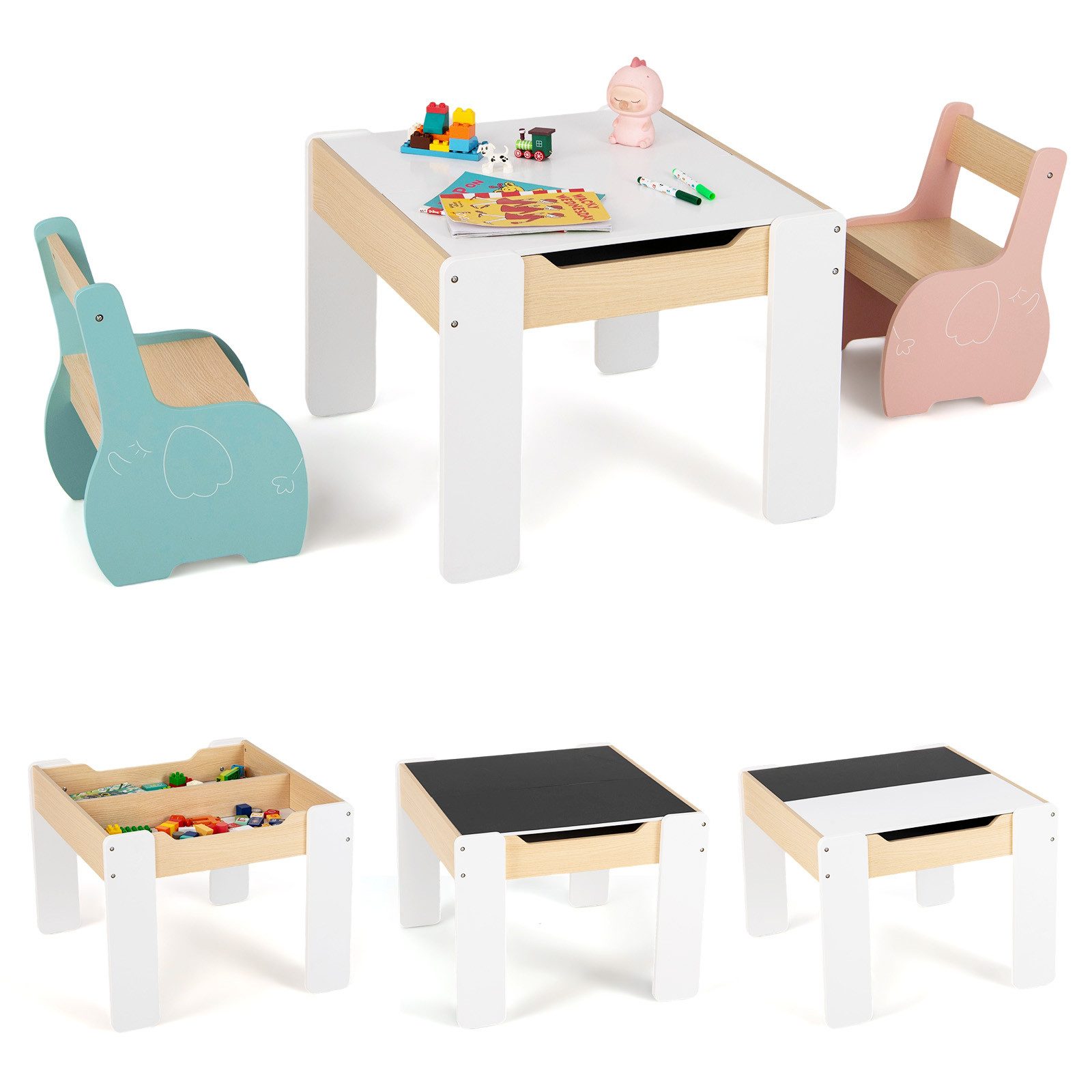 COSTWAY Kindersitzgruppe 3tlg. Kindertisch, aus Holz, günstig online kaufen