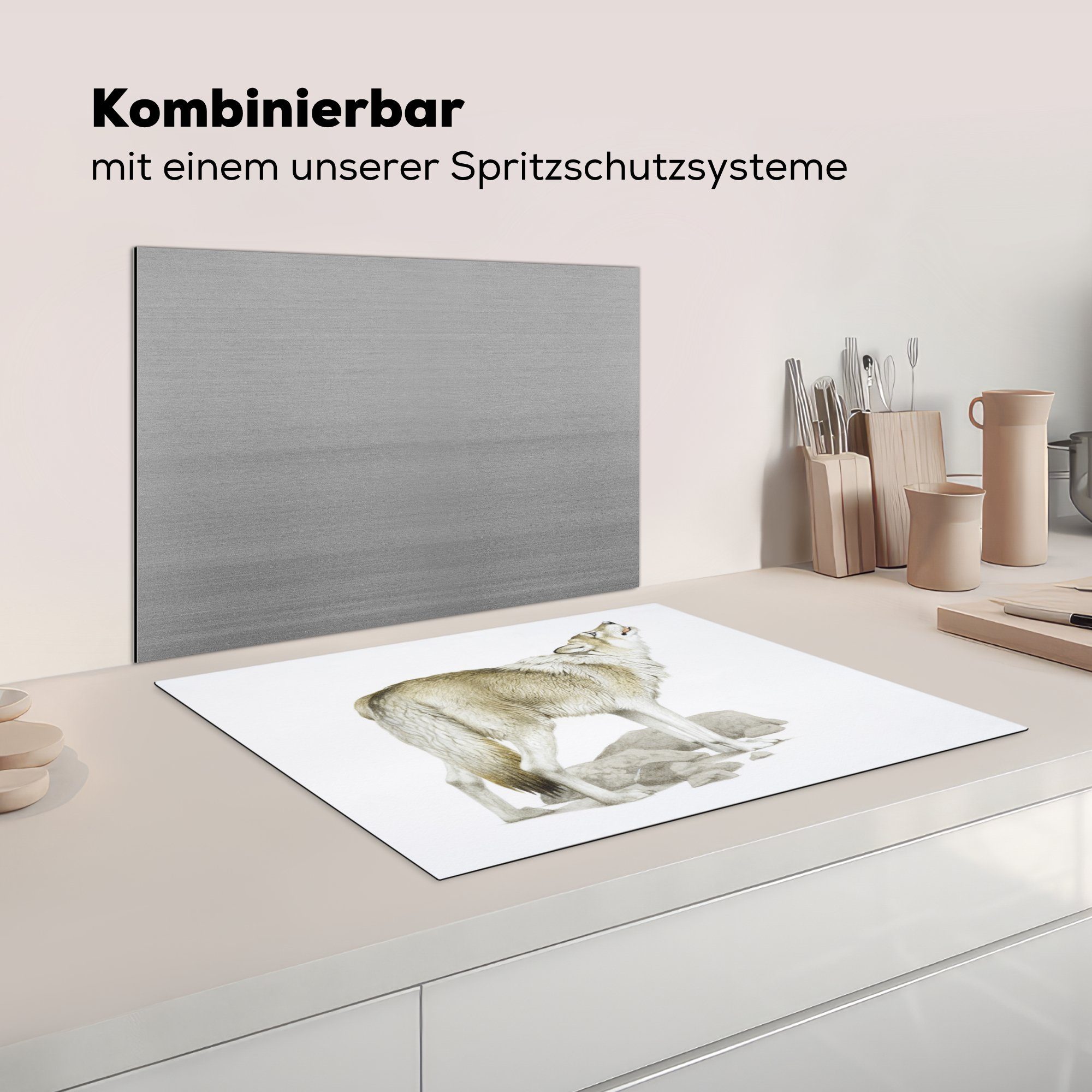 tlg), Herdblende-/Abdeckplatte Ceranfeldabdeckung Steine 70x52 (1 nutzbar, MuchoWow Mobile - cm, Vinyl, Arbeitsfläche Weiß, - Wolf