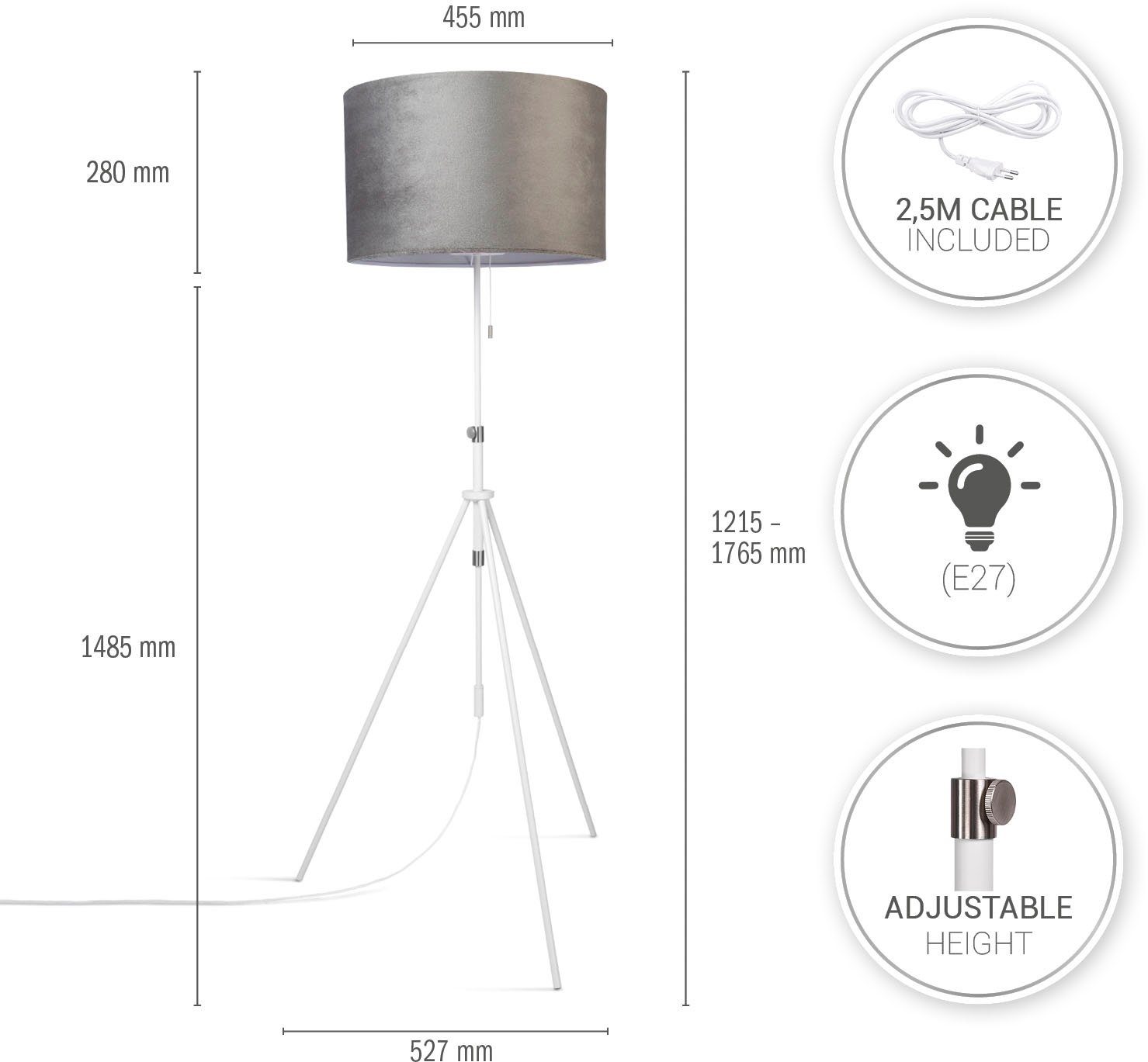 Paco Home Stehlampe 121,5 cm Naomi Leuchtmittel, bis Zugschalter 176,5 Höhenverstellbar uni Velour ohne Wohnzimmer Color