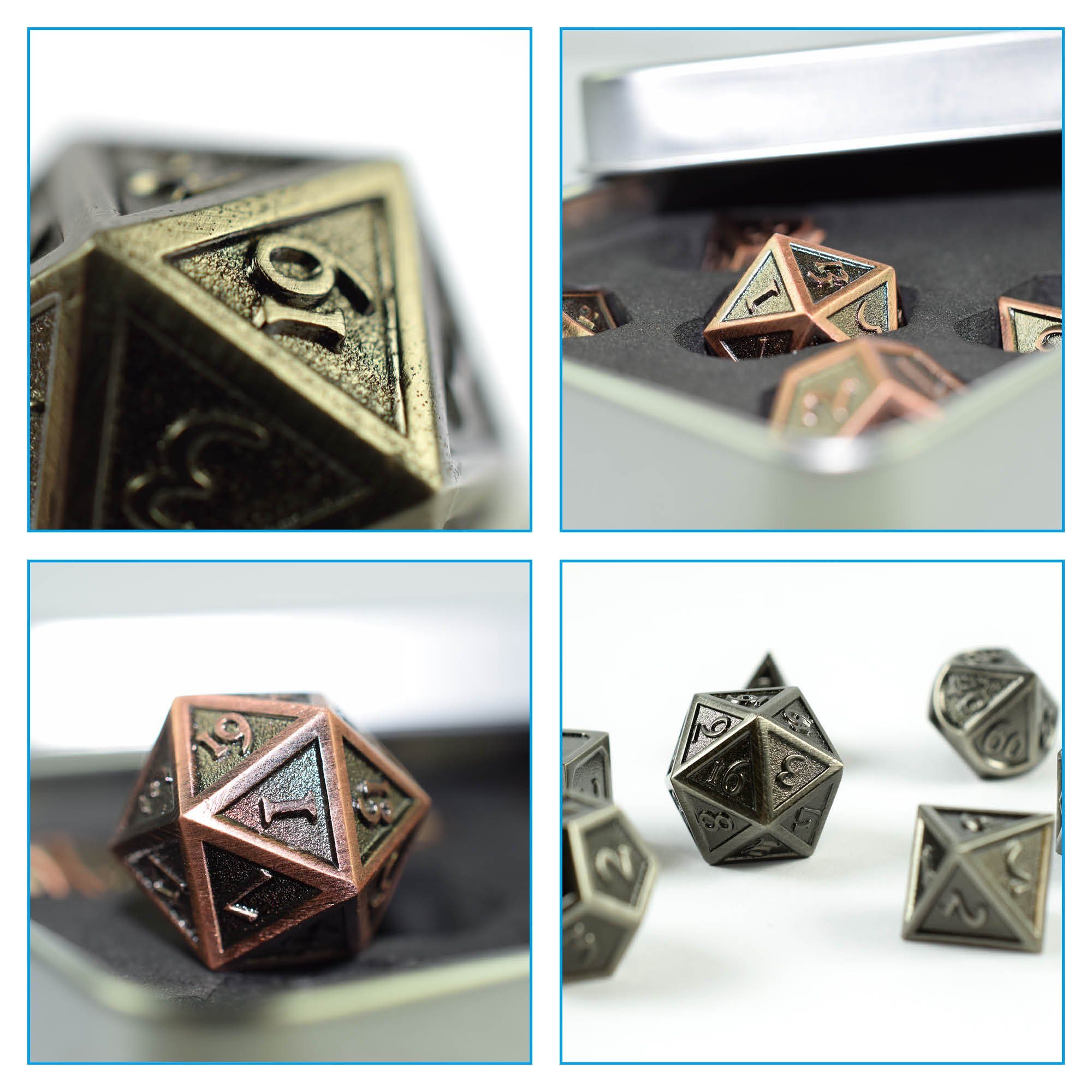 SHIBBY Spielesammlung 7 polyedrische Metall-DND-Würfel in Steampunk Optik, inkl. Aufbewahrungsbox