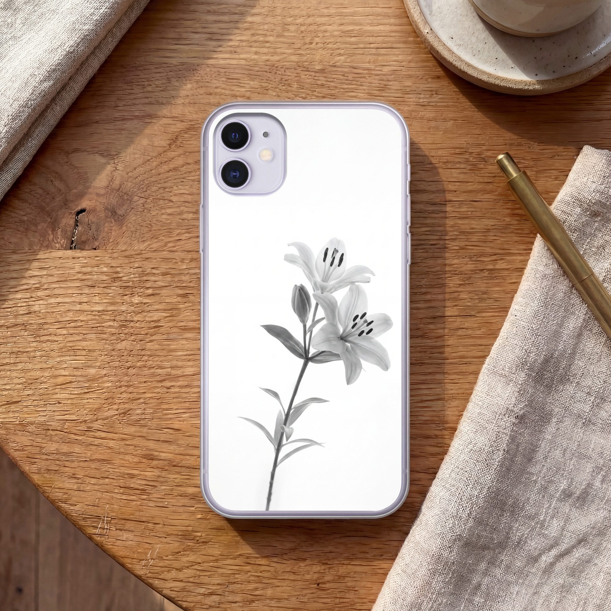 MuchoWow Handyhülle für Apple iPhone 11 Lilien - Elegant - Schwarz - Weiß, Smartphone-Bumper, Print, Handy Schutzhülle Dünn