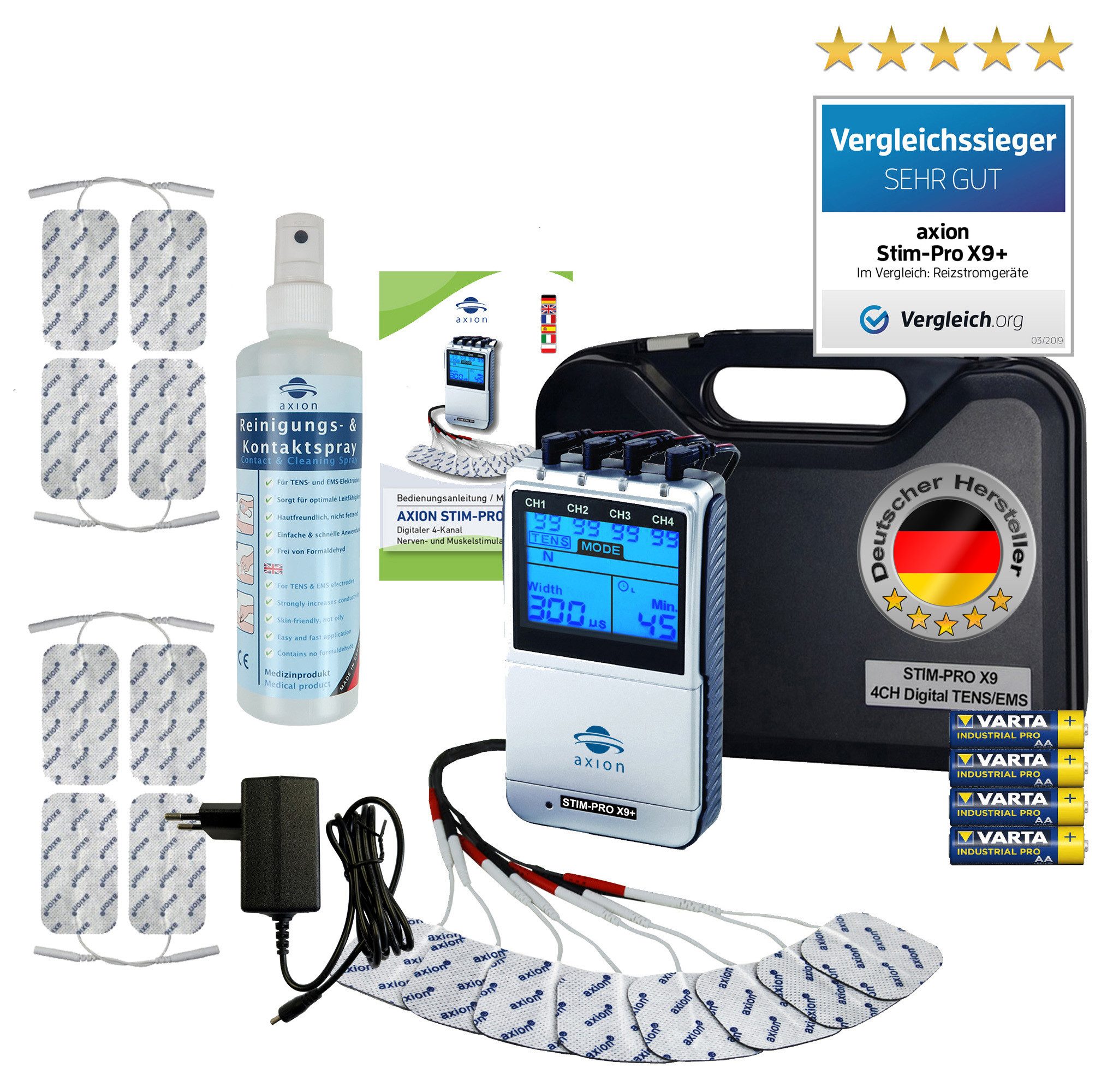 Axion TENS-EMS-Gerät 4 Kanal STIM-PRO X9+ TENS Gerät, TENS Schmerztherapiegerät, (Spar-Set), MEDIZINPRODUKT, EMS Muskelaufbau, Massagegerät, Beckenbodentraining