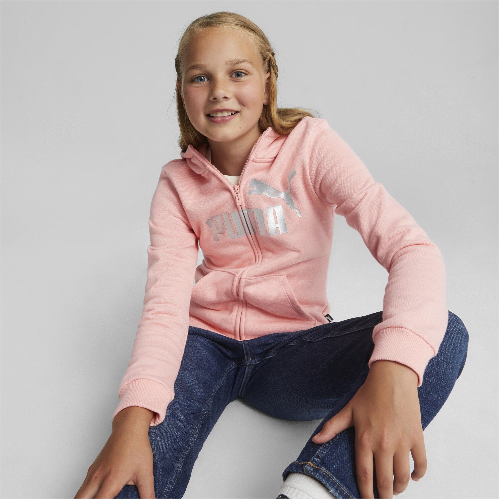 PUMA Smoothie Logo Sweatshirt Reißverschluss-Hoodie Peach Essentials+ Pink Mädchen