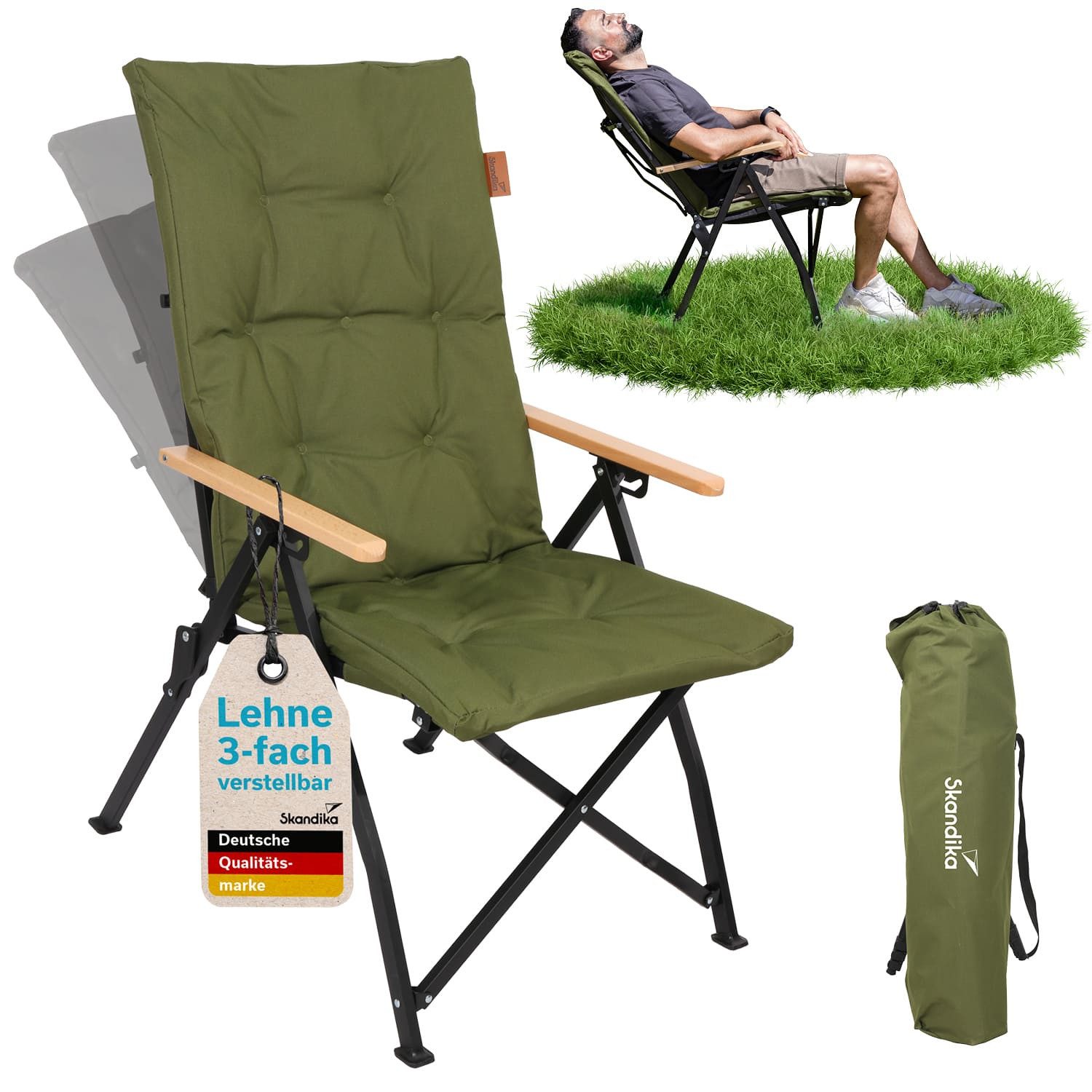 Skandika Campingstuhl Nojata, faltbar, 3-Fach verstellbare Rückenlehne, Tragetasche (Max. Benutzergewicht 120 kg, Material Armlehnen: Buchenholz), Sitzhöhe 43 cm, 5,2 kg leicht, Sitzfläche 50 x 50 cm, Anti-Rutsch-Füße