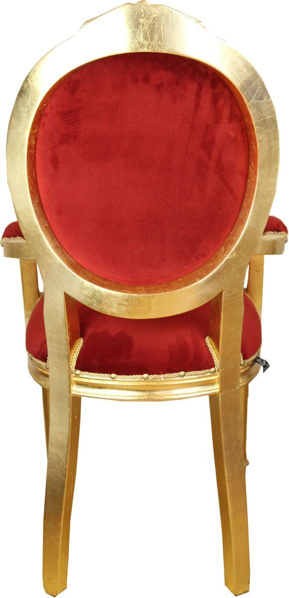 Gold Luxus Barock Stuhl Bordeaux Esszimmer / Armlehnen Medaillon Padrino Samtstoff Esszimmerstuhl mit Casa