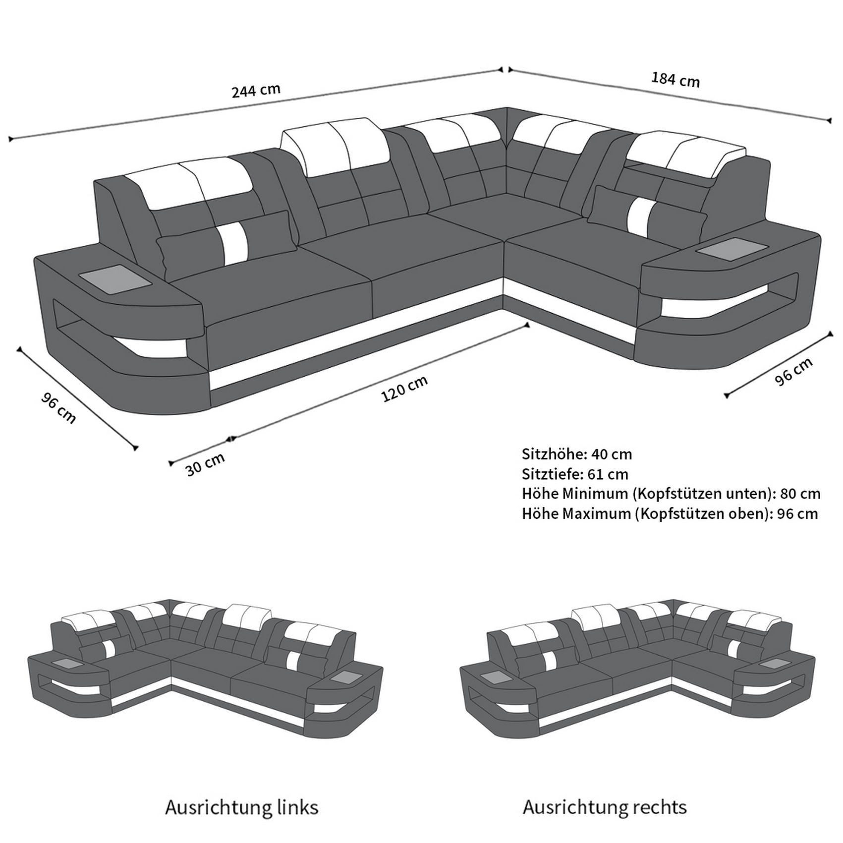 Sofa Dreams Ecksofa Ledersofa Como L Form Mini, Designersofa, Sofa mit Beleuchtung