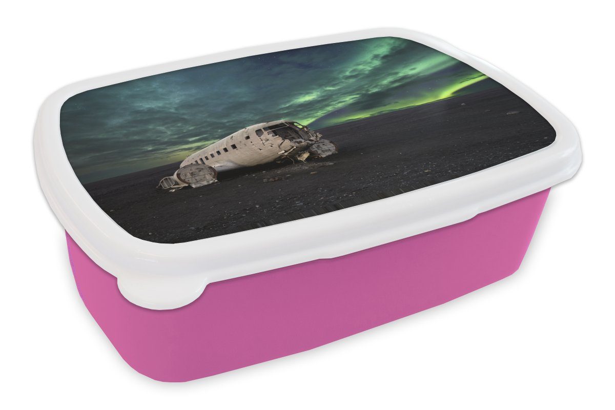 MuchoWow Lunchbox Nordlichter - Flugzeug - Island, Kunststoff, (2-tlg), Brotbox für Erwachsene, Brotdose Kinder, Snackbox, Mädchen, Kunststoff rosa