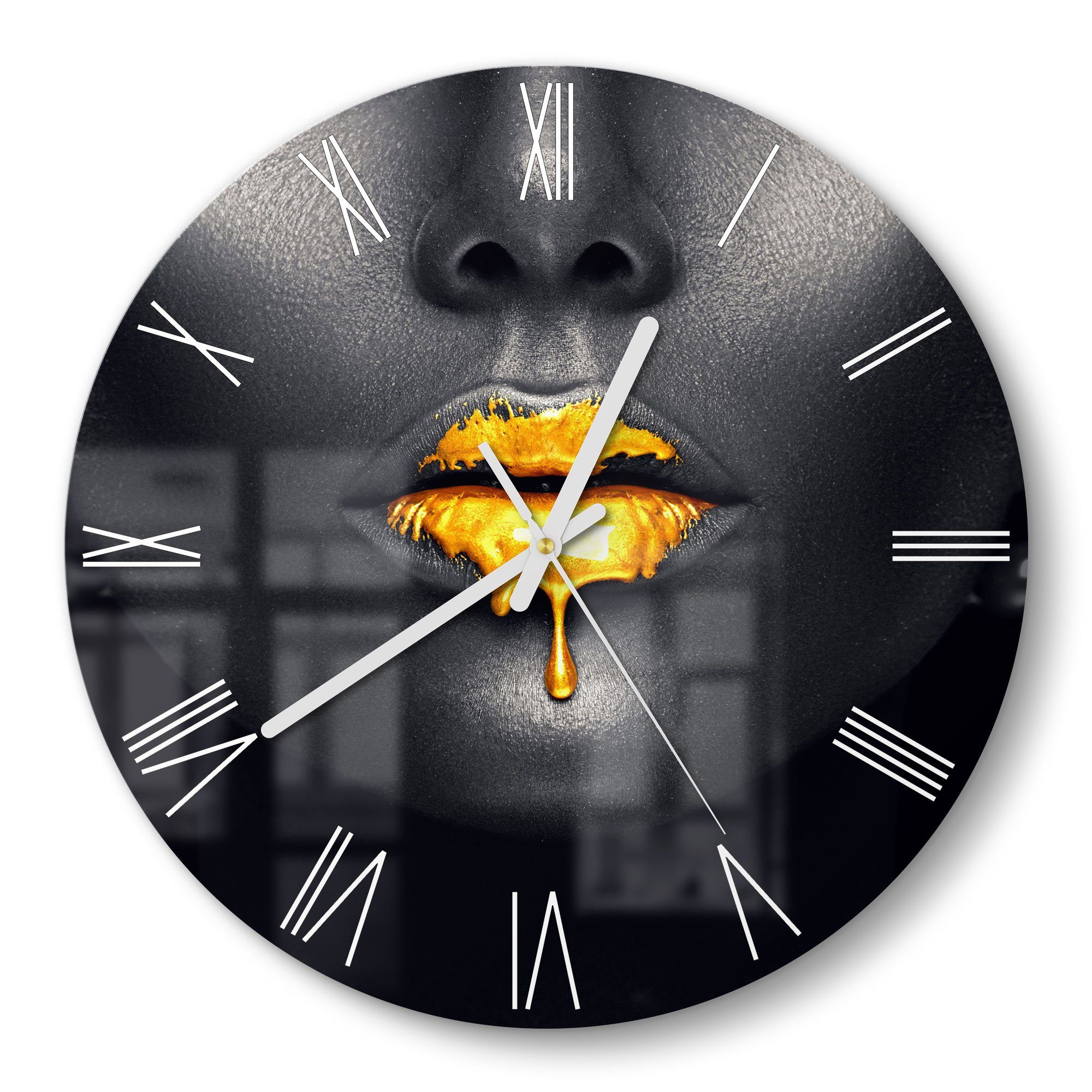 DEQORI Wanduhr 'Goldbedeckte Lippen' (Glas Glasuhr modern Wand Uhr Design  Küchenuhr)