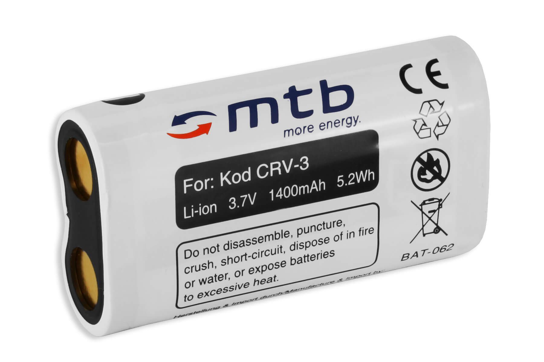 mtb more energy [BAT-062 - Li-Ion] Kamera-Akku kompatibel mit Akku-Typ CRV-3 1400 mAh (3,7 V), passend für: Kodak Easyshare C300, C310, C315, C330, C340, C360, C433, C503, C530, C533, C603, C623, C633, C643, C653, C663, C703, C713, C743, C813, C875, CX4200, CX4210, CX4230, CX4300, CX4310, CX6200, CX6230, CX6330, CX64…