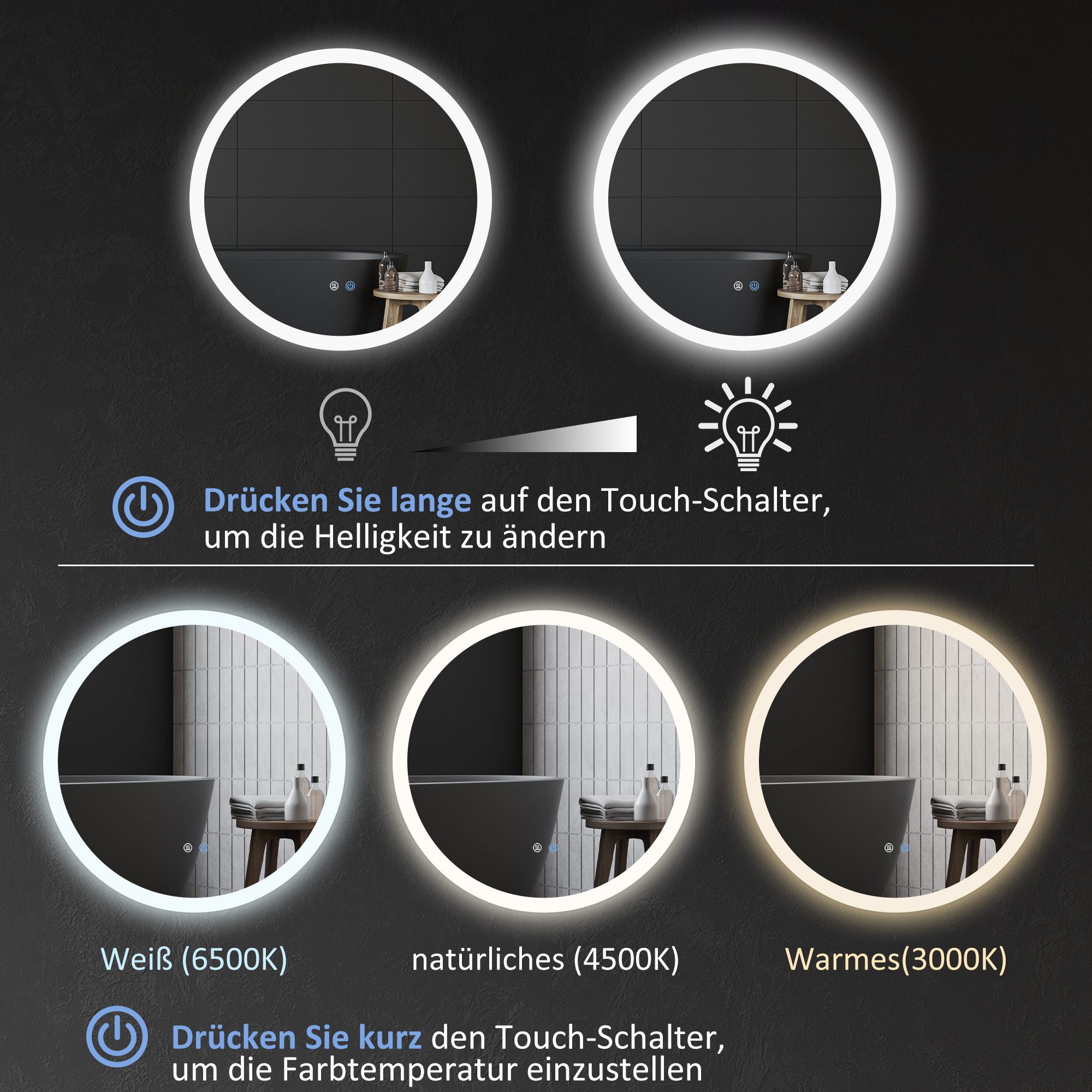 Kleankin Badspiegel Runder LED Spiegel mit Touchschalter, Memory-Funktion Lichtspiegel (Wandspiegel, 1-St., Badezimmerspiegel), Anti-Beschlag, Ø70 x 3 cm – Bild 5 von 5