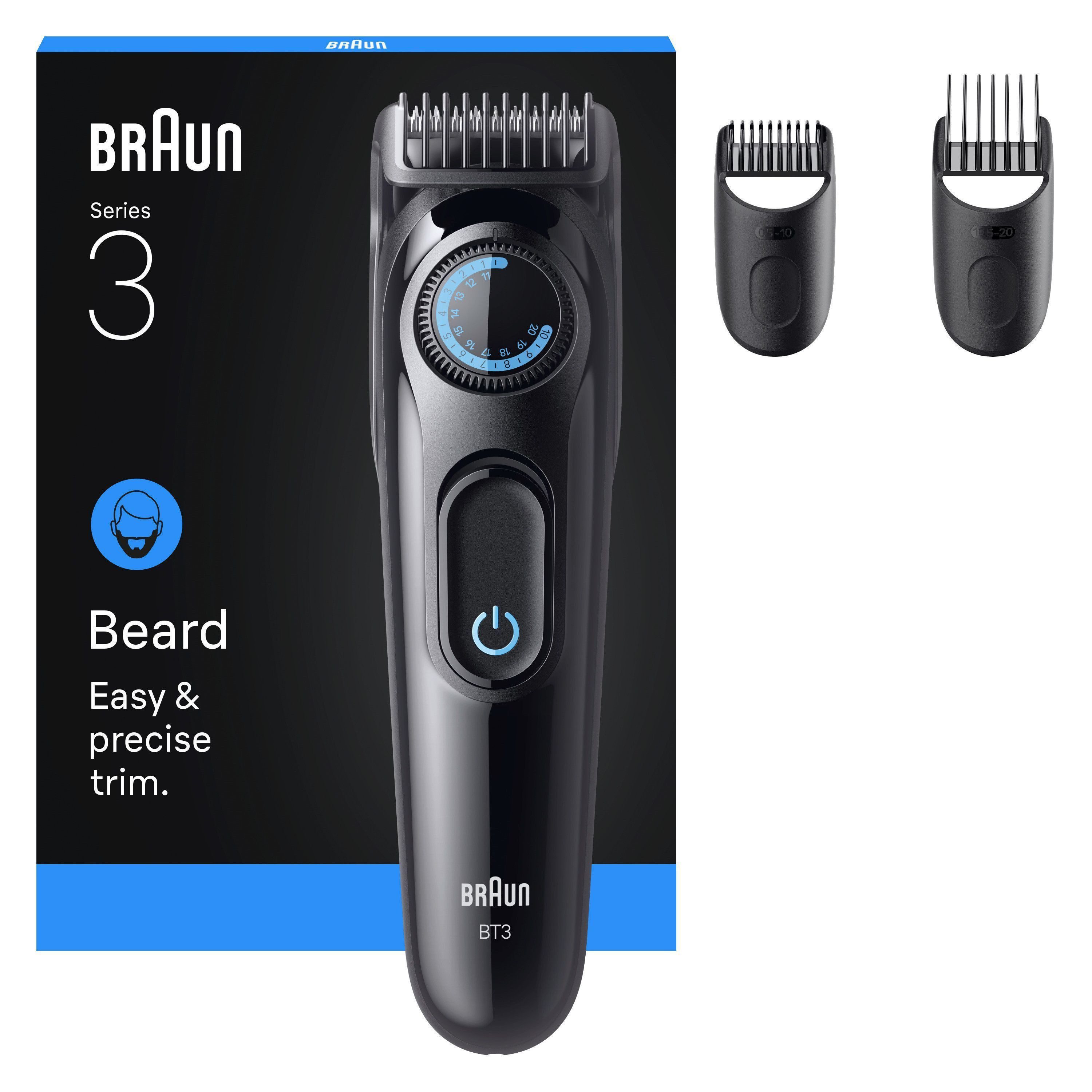Braun Haarschneider Barttrimmer Series 3 BT3520, ultrascharfe Klinge, 50 Min Akkulaufzeit, 40 Längeneinstellungen