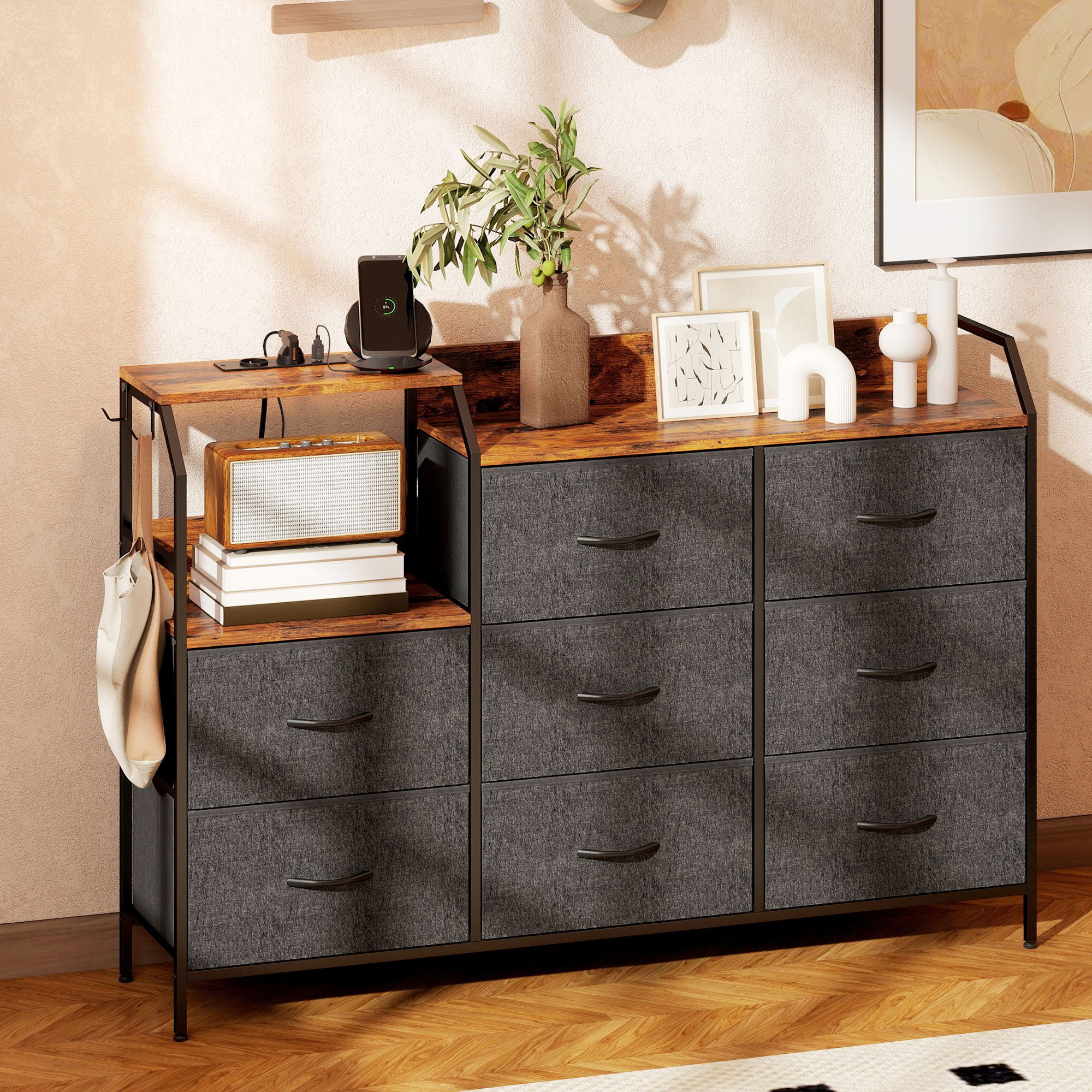 HOMCOM Kommode Schrank mit 8 Schubladen aus Vliesstoff, Haken, Stahlrahmen (Schubladenschrank, 1 St., Aufbewahrungsschrank), für Flur, Schlafzimmer, Wohnzimmer, Rustikal-Braun+Schwarz