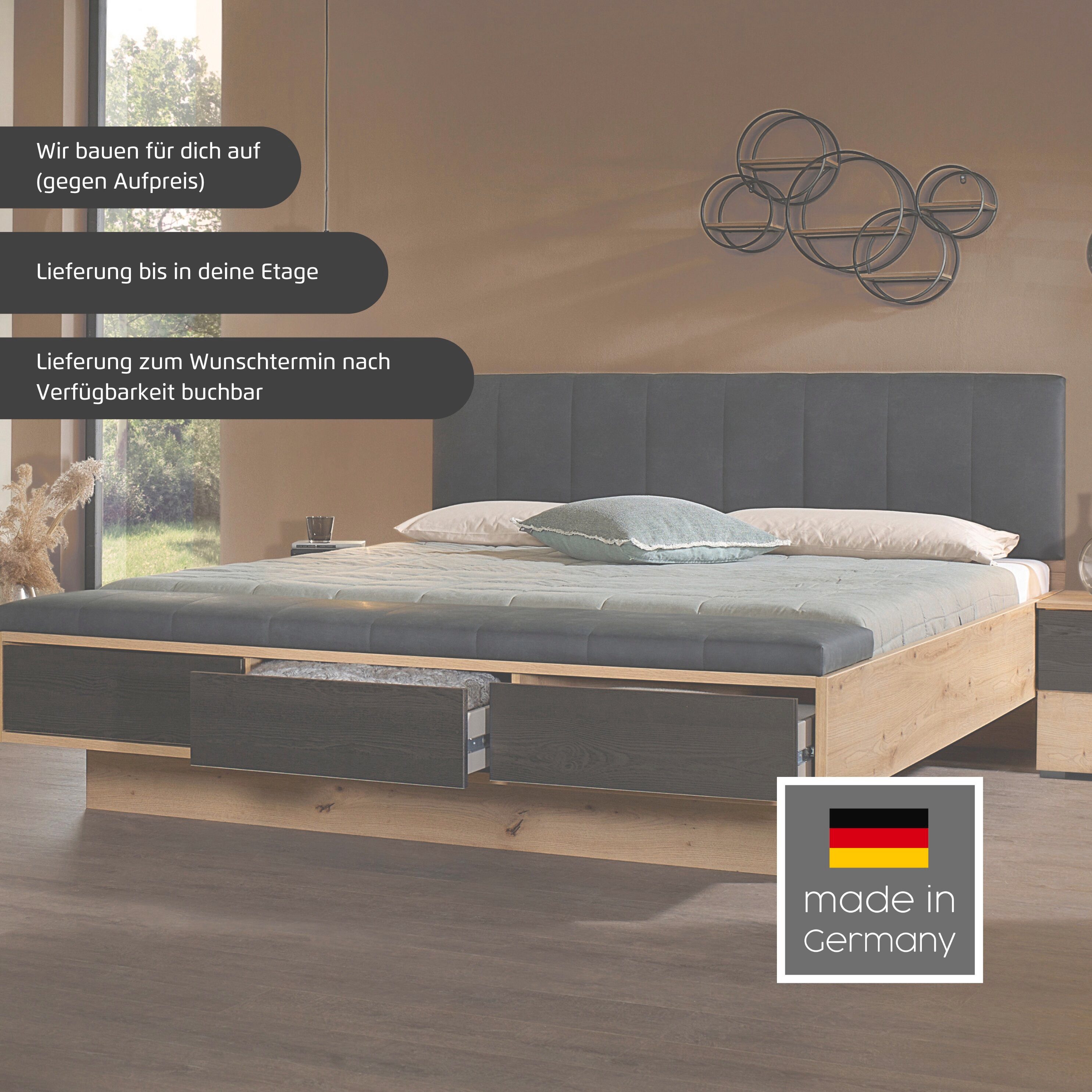 rauch Bettanlage Bett Doppelbett Komfortbett Funktionsbett APOLLON, (3-tlg., Liegefläche 180x200, optional mit Bettbank und Stauraum), Polster-Kopfteil in Lederoptik black, 2x Nachttische MADE IN GERMANY