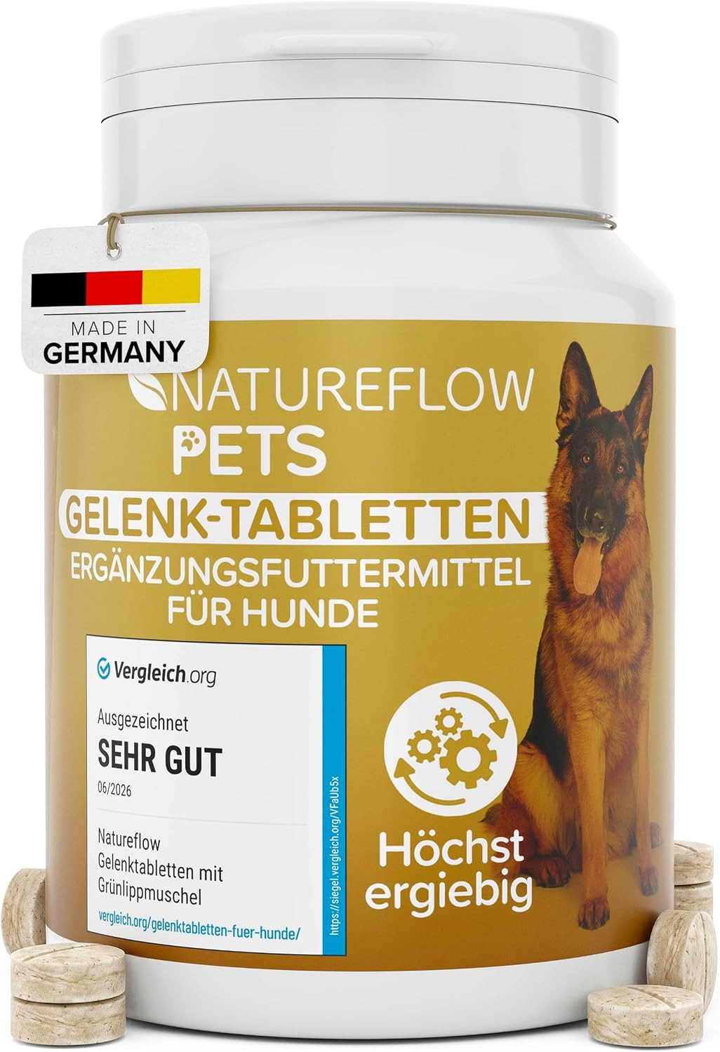 Natureflow Gelenktabletten Hunde, 100 Stück, Grünlippmuschel, MSM, Glucosamin, Ergänzungsfutter für: Hund, Hohe Akzeptanz, für Welpen bis Senioren, ergiebig bis 200 Tage