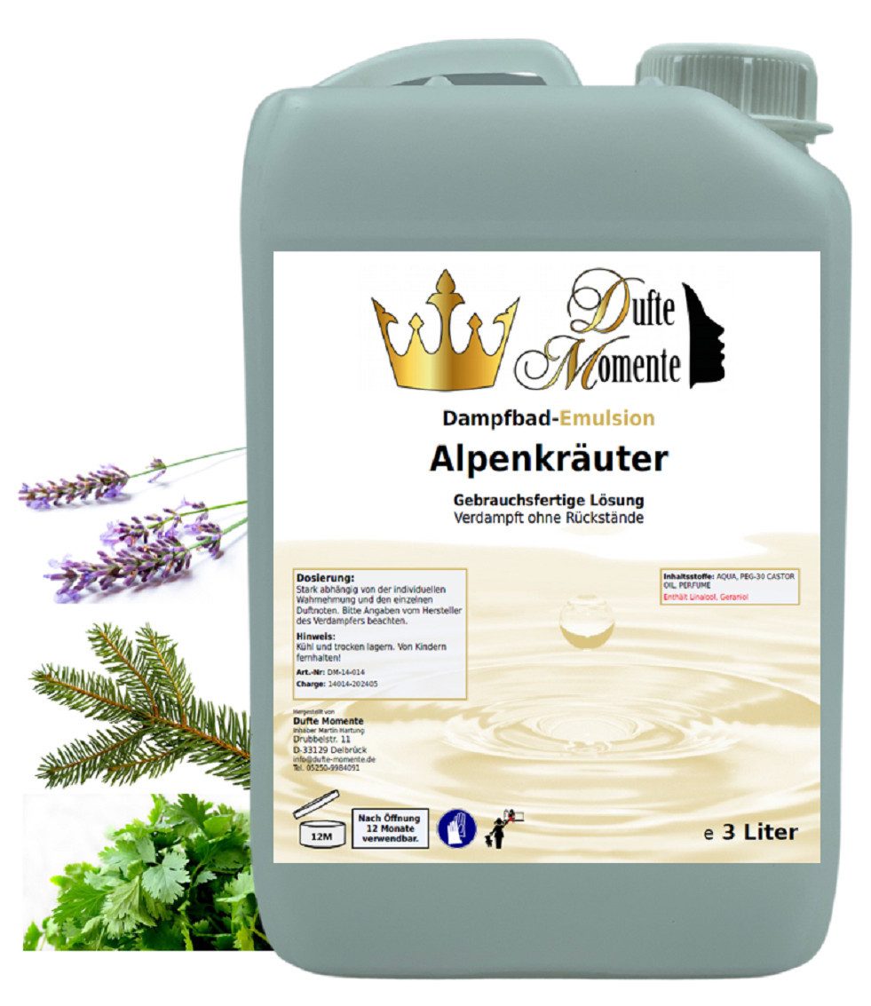 Dufte Momente Duftöl Dampfbad Emulsion Alpenkräuter 3 Liter, gebrauchsfertig, vegan und ohne Tierversuche