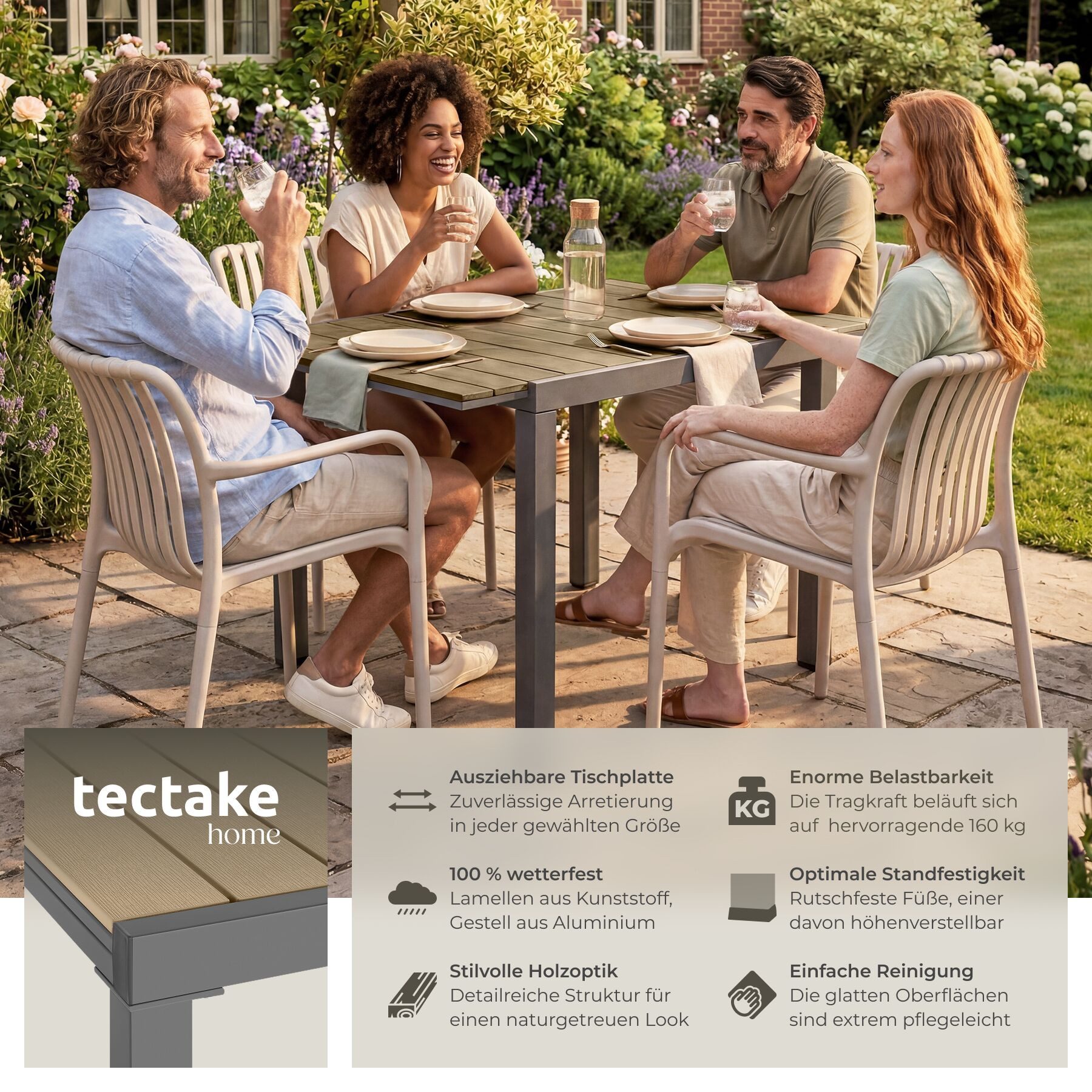 tectake Gartentisch Outdoor-Esstisch aus Aluminium für 4-6 Personen, 80–120 x 80 x 74 cm (Balkontisch Inca, 1-St., in schwarz/braun), Lamellen in Holzoptik, wet – Bild 2 von 5