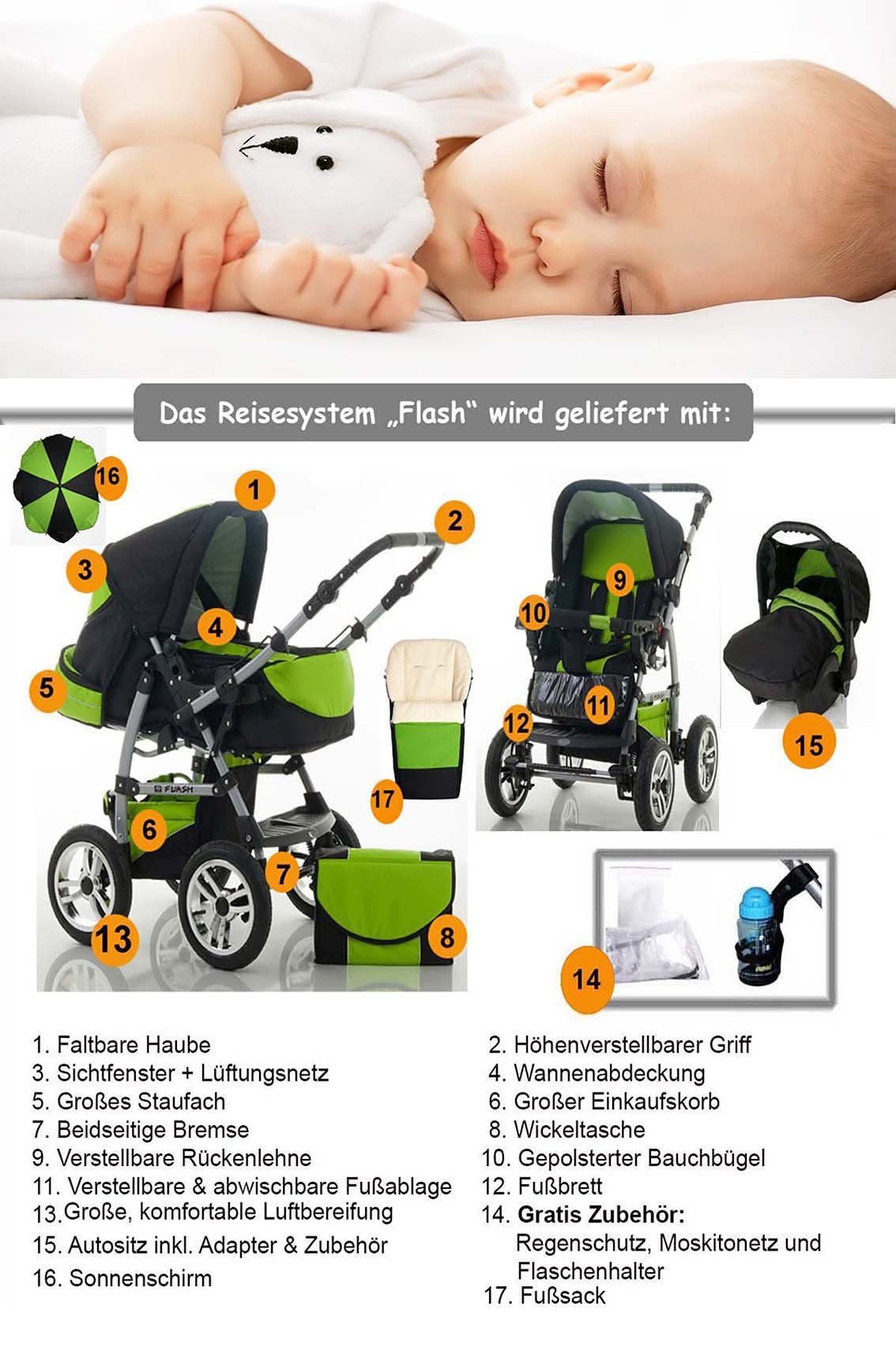in Autositz babies-on-wheels Farben - Hellgrün-Olive inkl. - 18 in 17 Flash 1 Kinderwagen-Set 5 Teile Kombi-Kinderwagen