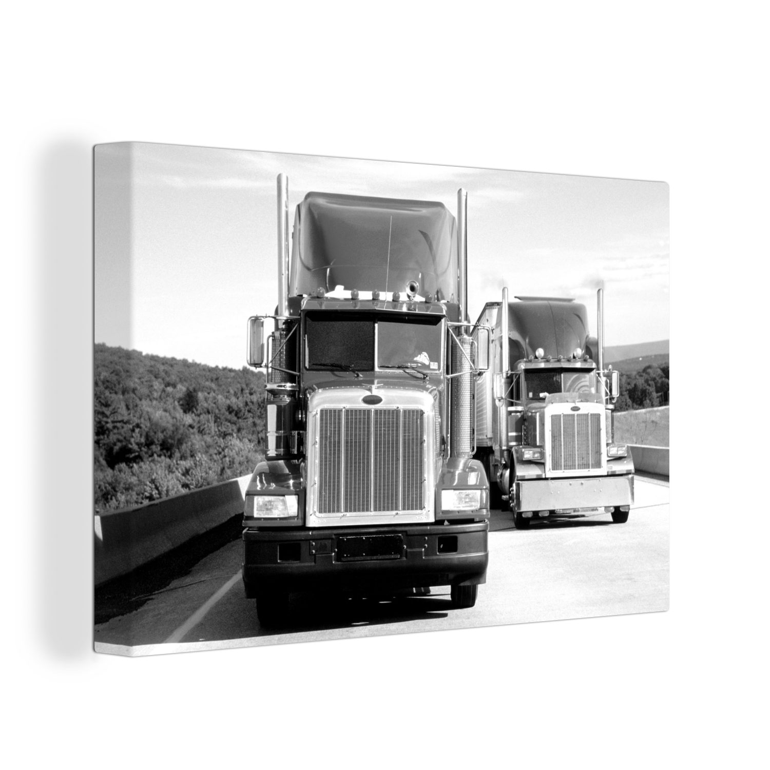 auf 30x20 Autobahn der weiß, Aufhängefertig, und St), Lastwagen OneMillionCanvasses® Leinwandbilder, schwarz Leinwandbild Wandbild (1 cm - Wanddeko,