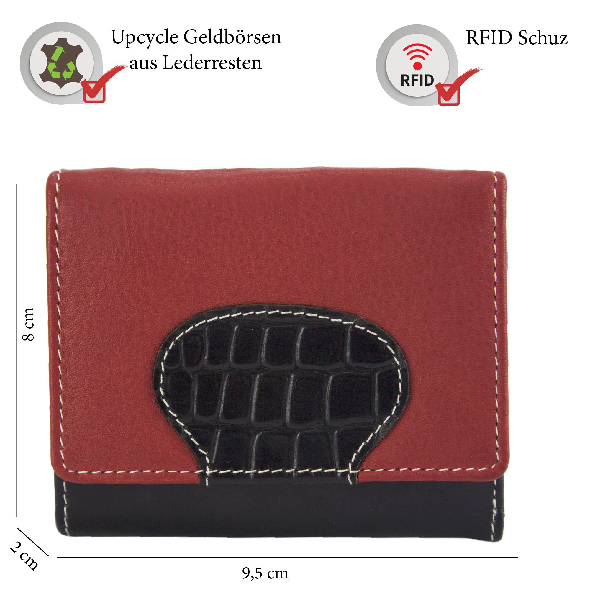 Geldbörse Lederresten, Leder rot/schwarz Brieftasche, Unisex Leder, echt Geldbeutel Portemonnaie recycelten RFID-Schutz, Mini Sunsa echt Damen mit aus Geldbörse kleine