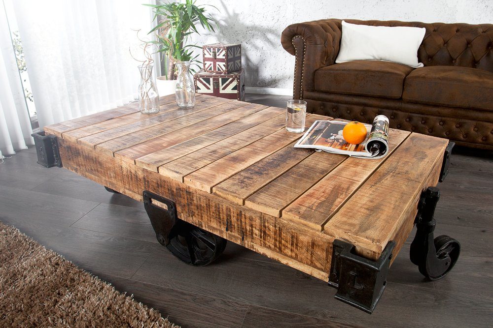 riess-ambiente Couchtisch RAILWAY 120cm natur / schwarz, Wohnzimmer · Massivholz · Metall · auf Rädern · Industrial
