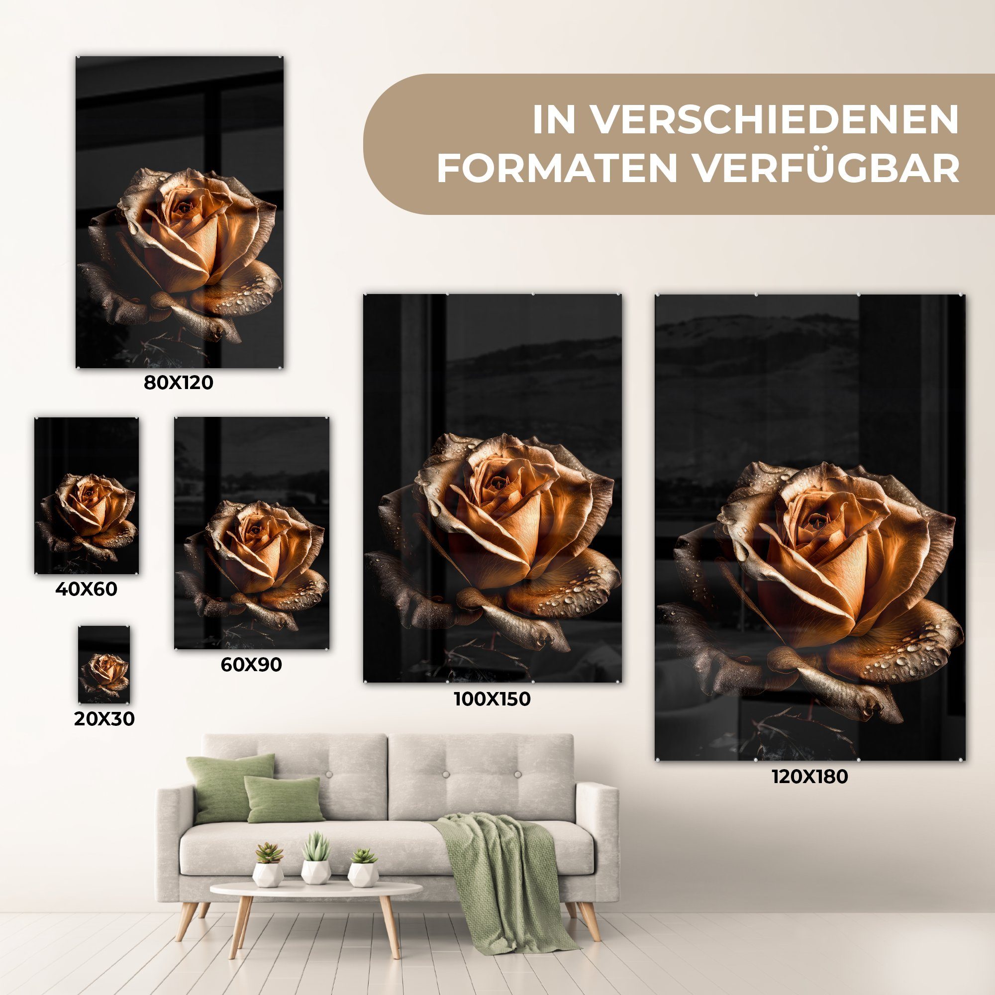 MuchoWow Wandbild Rose - Foto Blumen auf (1 St), - Gold Wanddekoration - Botanisch Schwarz, Glas Glasbilder - Acrylglasbild - Bilder Glas - auf