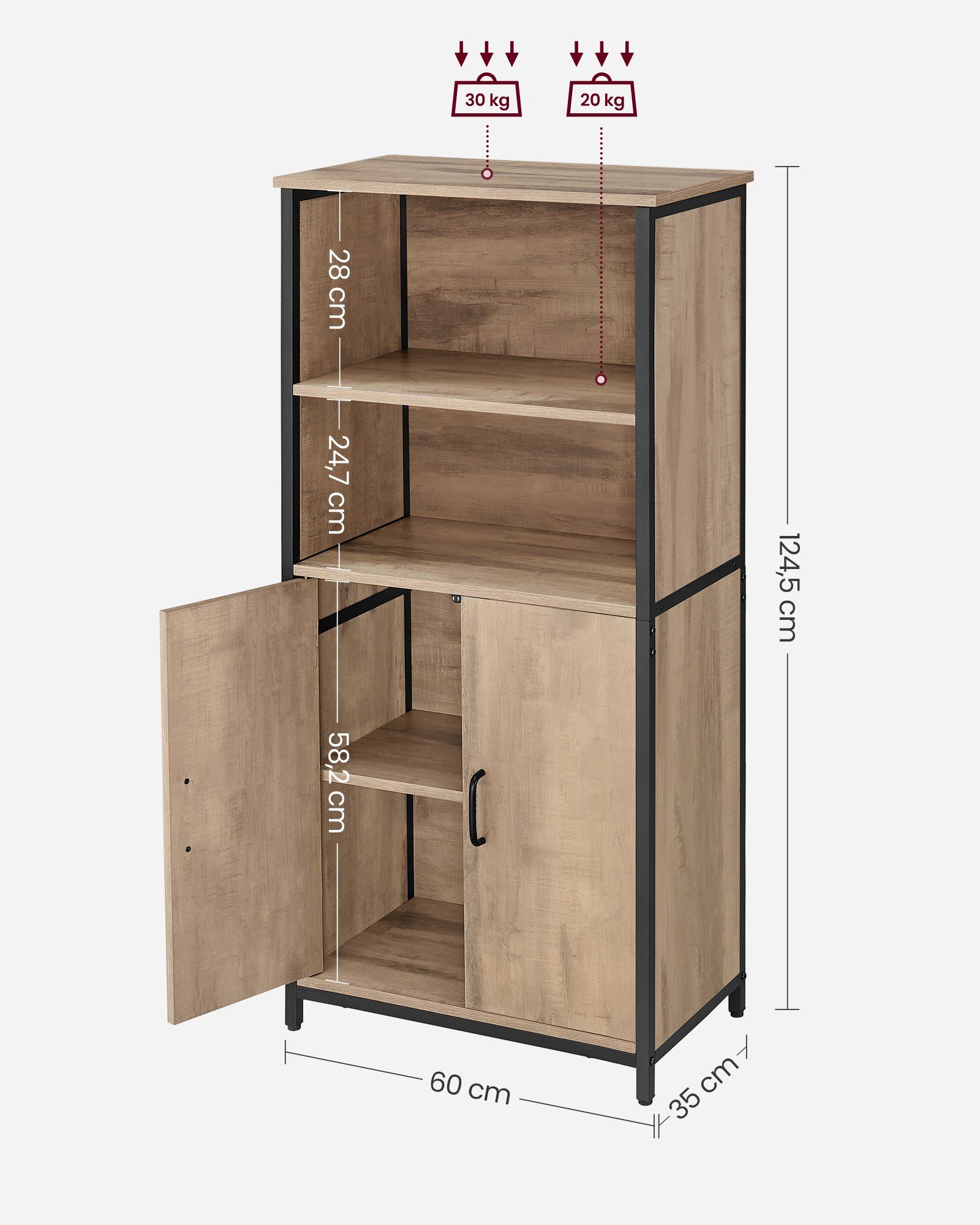 VASAGLE Highboard Küchenschrank, verstellbare Regalebene, | offenen Fächern 2 Eichenbraun-Schwarz Eichenbraun