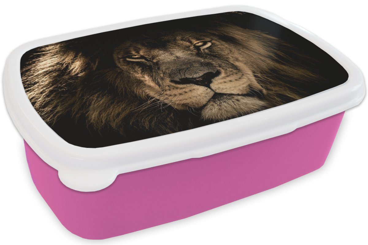 Snackbox, (2-tlg), Lunchbox Tiere - Erwachsene, - - MuchoWow rosa Löwe Brotbox Brotdose Kunststoff Mädchen, für Kinder, Porträt, Schwarz Kunststoff,