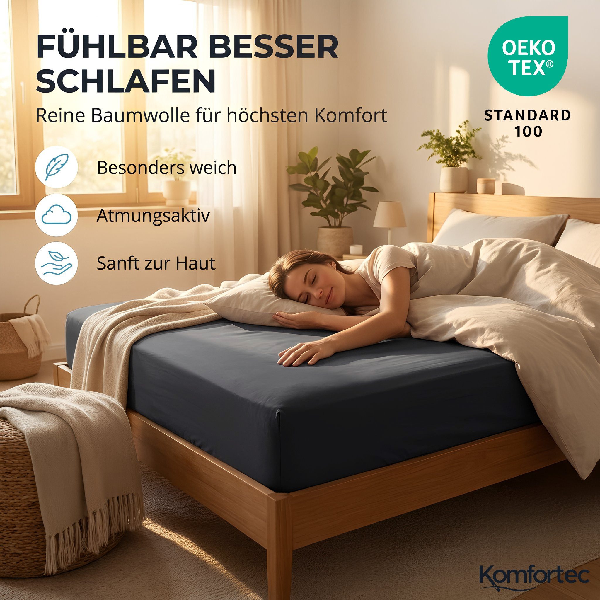 Komfortec Spannbettlaken Jersey Spannbettuch, 90x200, 140x200, 160x200, 180x200 oder 200x200 cm, 100% Baumwolle (135 g/m), Gummizug: Rundum, (2 Stück), OEKO-TEX – Bild 4 von 5