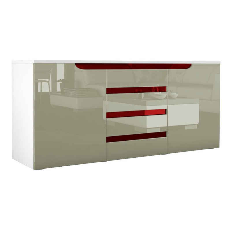 Vladon Sideboard Sylt (Kommode, mit 2 Türen und 4 Schubladen), Weiß matt/Sandgrau Hochglanz/Bordeaux Hochglanz (139 x 72 x 35)