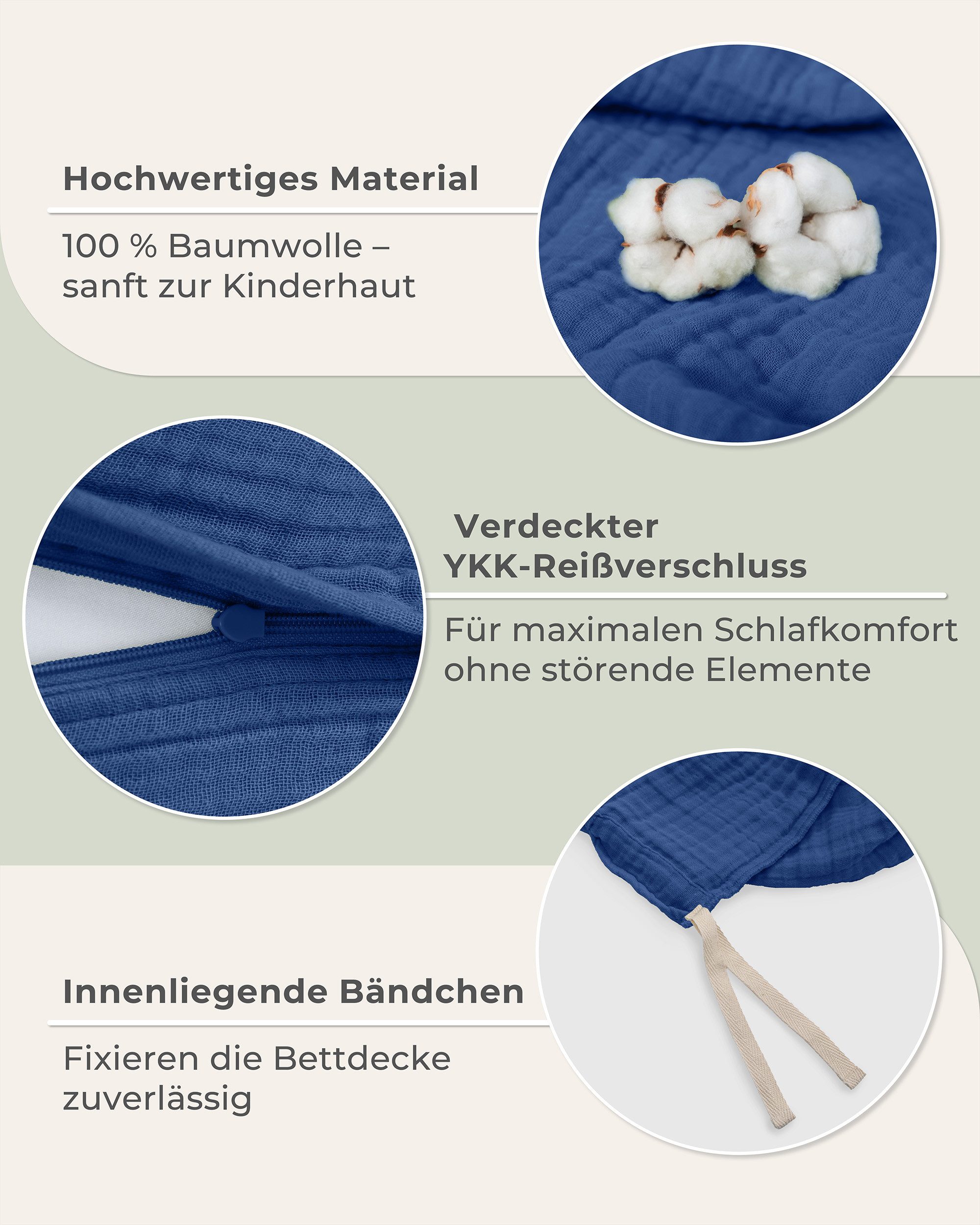 Laynenburg Kinderbettwäsche Musselin 2 teilig aus 100% Baumwolle in 100x135 cm + 40x60 cm, atmungsaktiv & bügelfrei – 3 lagig mit Reißverschluss & Haltebändern – Bild 5 von 5