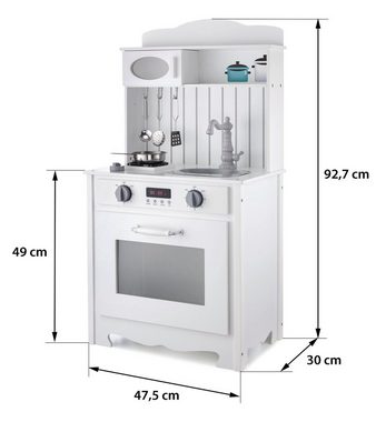 Mamabrum Spielküche Weiße Holzküche mit Schürze, Zubehör und LED-Lampe