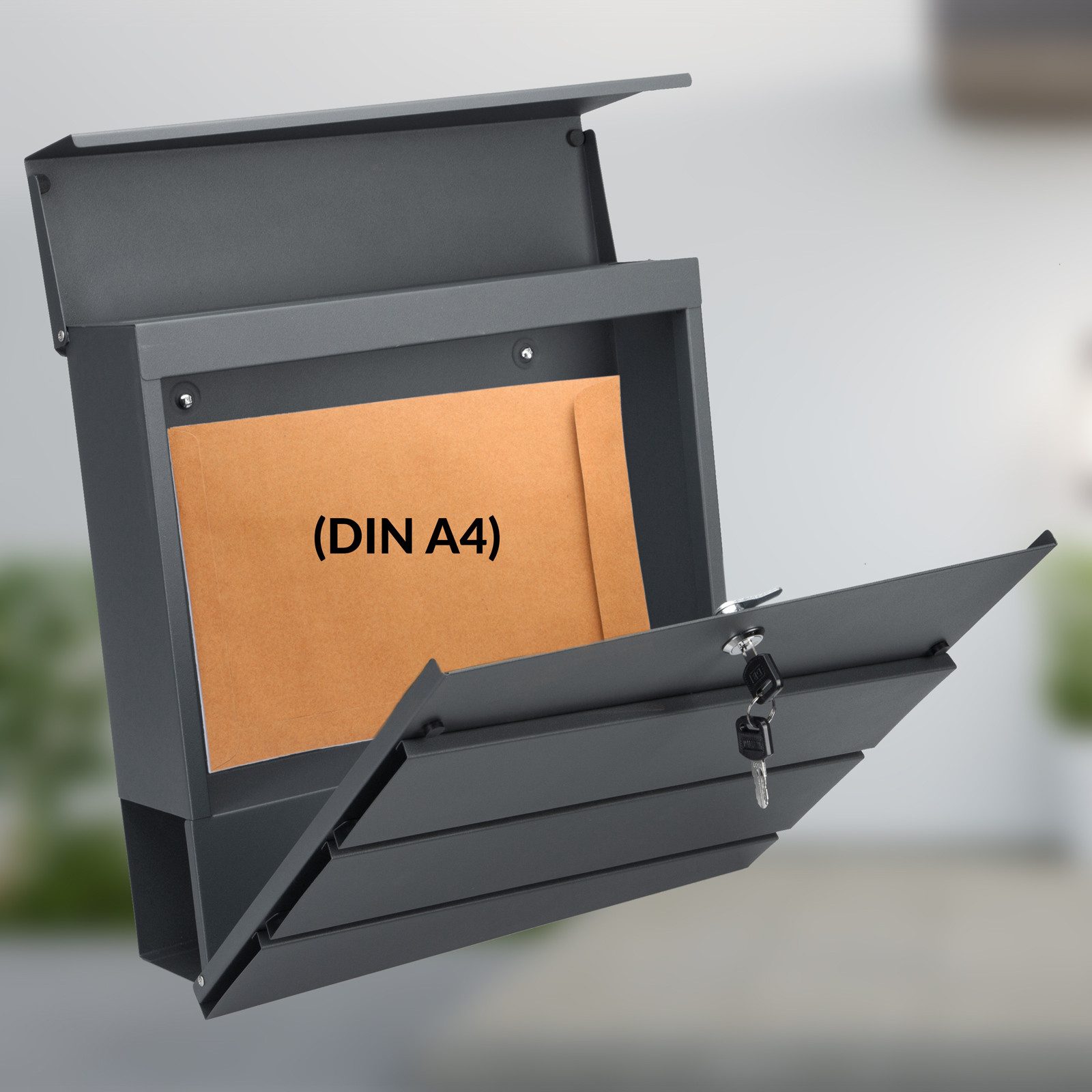 monzana Wandbriefkasten, Design Stahl anthrazit mit Zeitungsfach 2 Schlüssel Wandbriefkasten