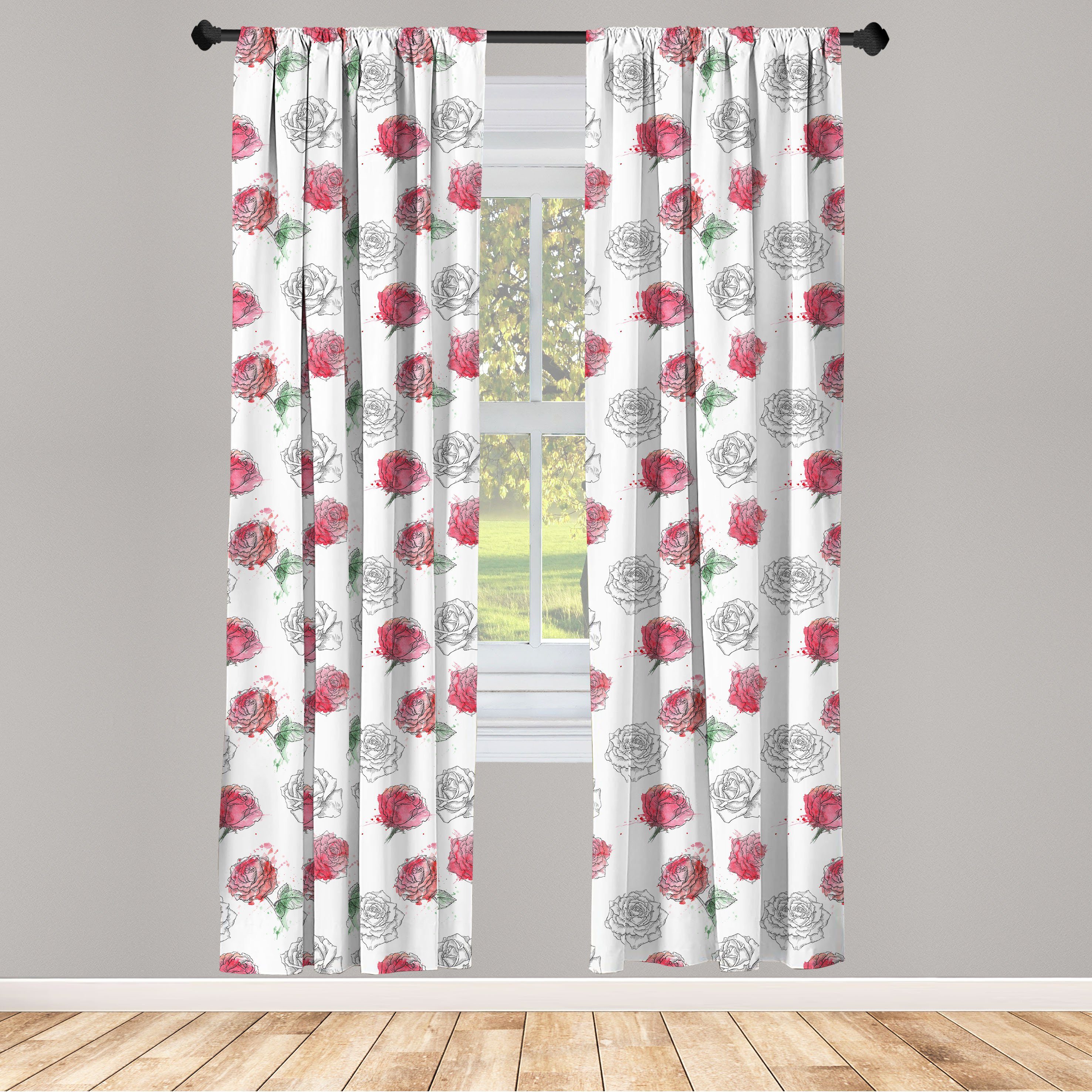 Gardine Vorhang für Wohnzimmer Schlafzimmer Dekor, Abakuhaus, Microfaser, Vintage Rose Blumen Skizze-Kunst