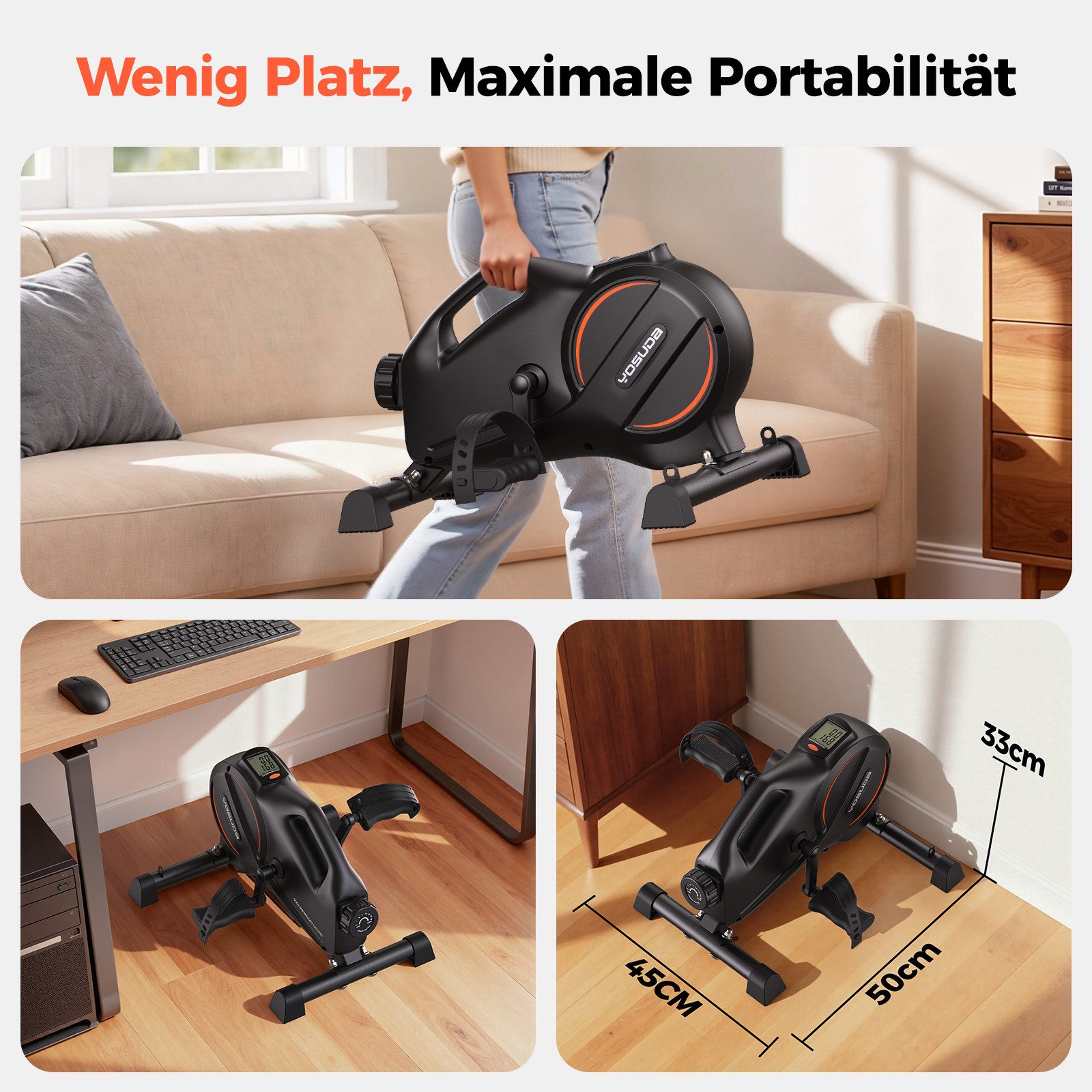 YOSUDA Pedaltrainer Arm & Beintrainer im Sitzen mit Widerstandsbändern, 16-stufig, (1-St), Mini-Heimtrainer, rutschfester Matte – ideal für Senioren, Büro