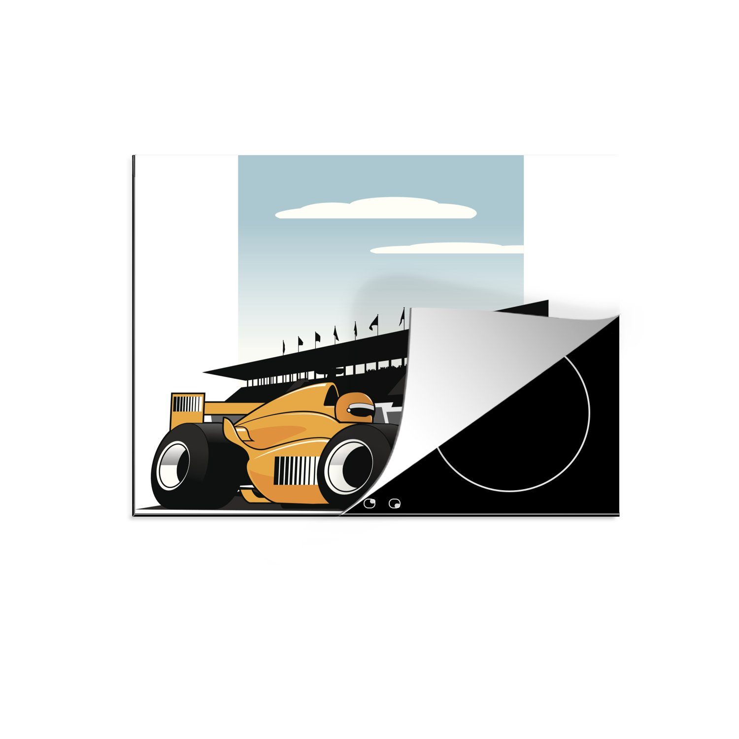 MuchoWow Herdblende-/Abdeckplatte Ein gelber Rennwagen aus der Formel 1 in einer Illustration, Vinyl, (1 tlg), 70x52 cm, Mobile Arbeitsfläche nutzbar, Ceranfeldabdeckung